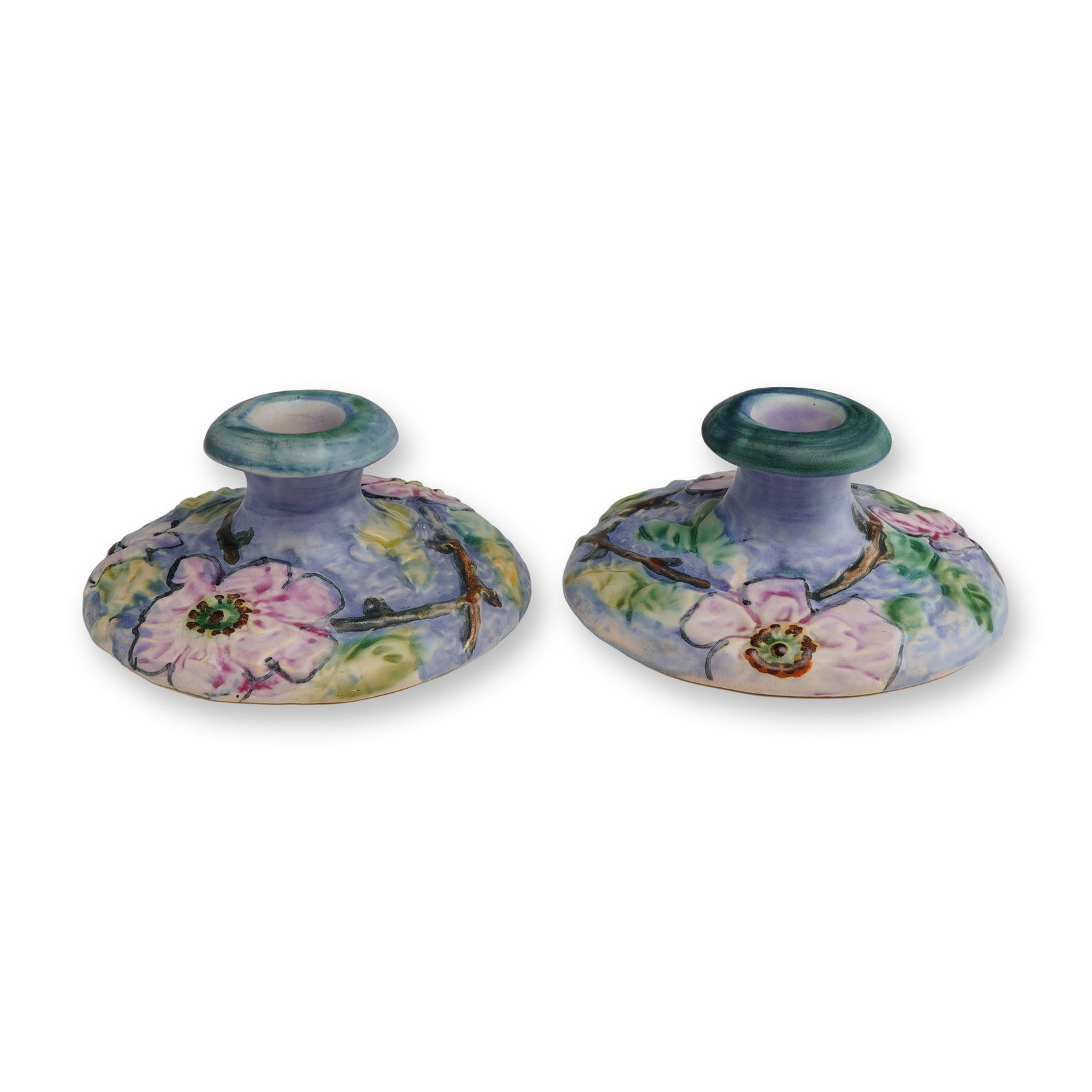 Pair of Weller Pottery Art Deco Candleholders, Silvertone: A pair of American Art Pottery candlesticks produced by the Weller Pottery Company of Zanesville, Ohio. These examples are from the "Silvertone" line, a popular series introduced during the Art Deco