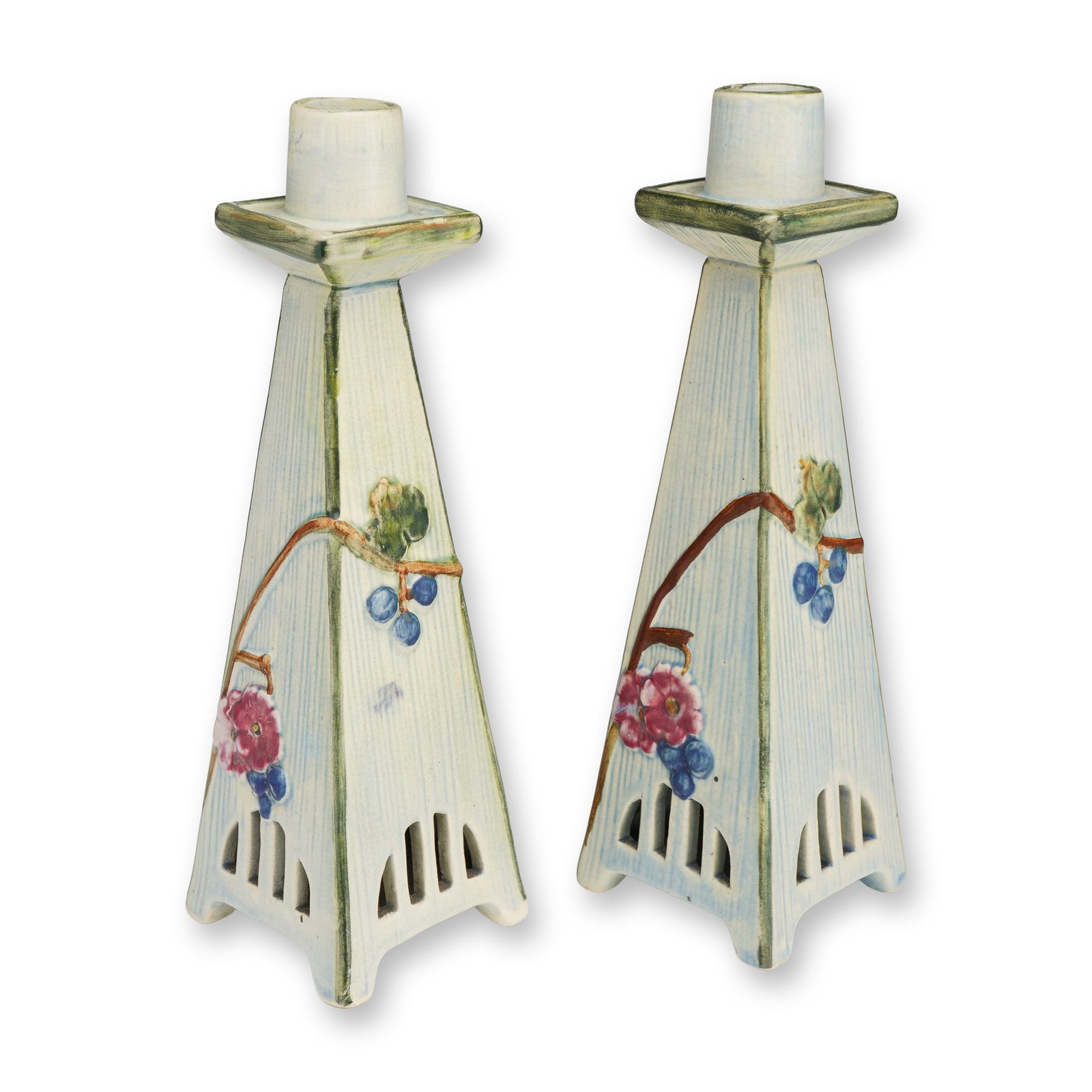 Pair of Weller Pottery Polychrome Candleholders, Klyro (1 of 3)
