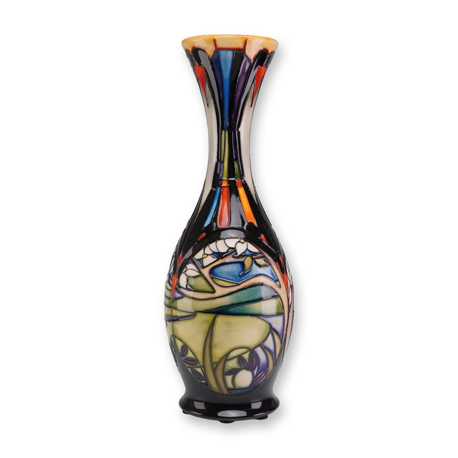 Moorcroft Pottery by Emma Bossons Made for Macintyre Vase, Vale of Aire: The vessel features a tall, slender neck that flares at the rim and tapers into a bulbous lower body. The decoration is executed using the traditional Moorcroft tubelining technique. The lower