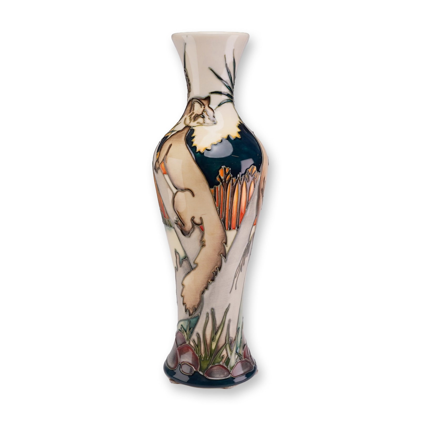 Moorcroft Pottery by Kerry Goodwin Earthenware Vase, Pine Marten: The slender, baluster-form vase features a flared rim and a slightly splayed base. The hand-painted decoration depicts a polecat climbing a stylized tree trunk within a pine forest, with a vibrant