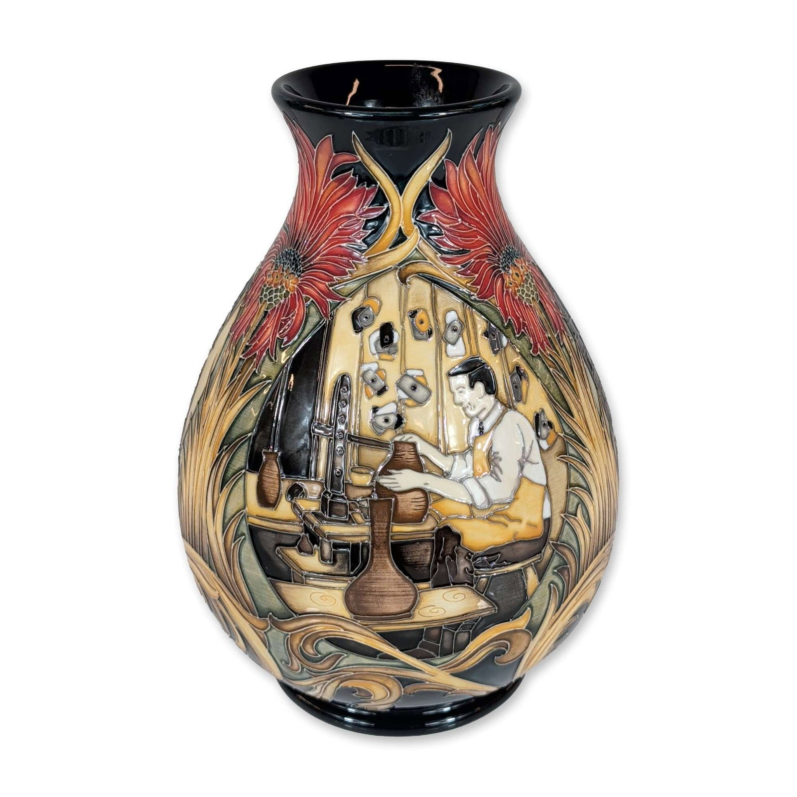 Moorcroft Paul Hilditch William at Work Pottery Vase: Moorcroft Pottery, England, 2012. Limited edition earthenware vase designed by Paul Hilditch, titled William at Work. The bulbous form features intricate tubelined decoration in a narrative Art