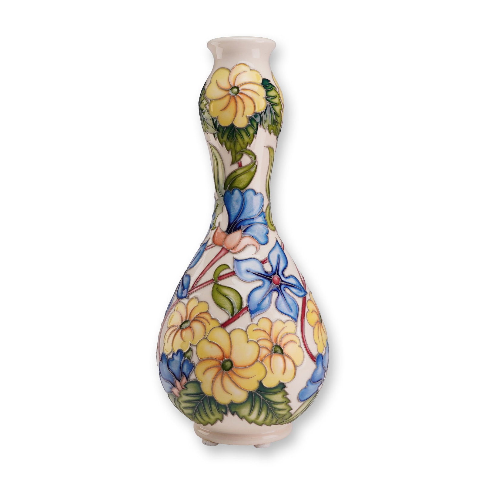 Moorcroft Pottery by Rachel Bishop Floral Vase Number 1 of 2: A Moorcroft pottery vase designed by Rachel Bishop. Produced in Stoke-on-Trent, England, this piece is numbered 1 of 2 as indicated by the hand-painted marks on the base. The vase features a bulbous t