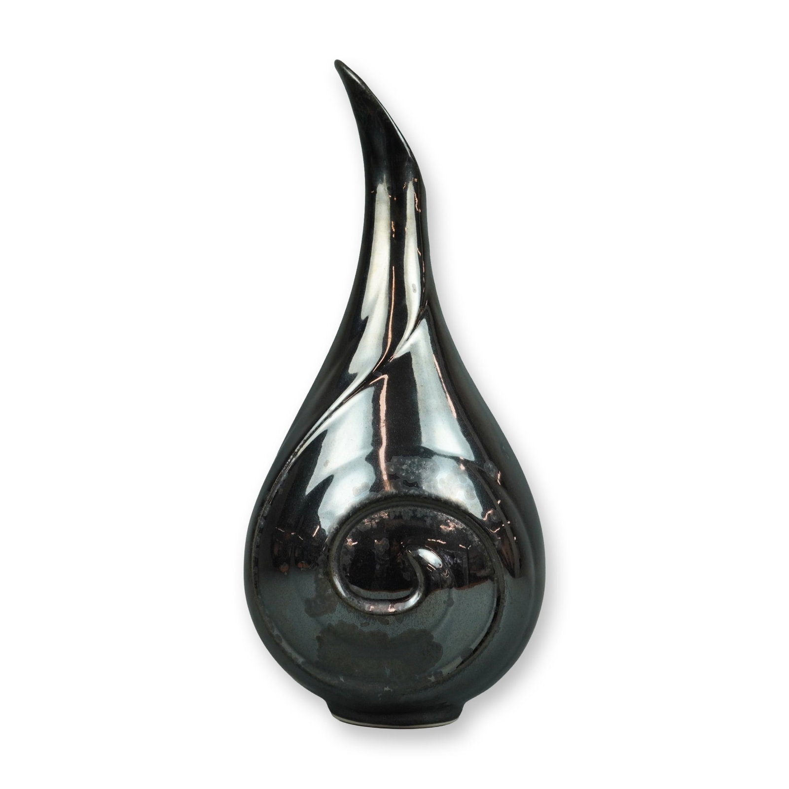 Rookwood Pottery Metallic Glaze Spiral Vessel, 2016: A contemporary American art pottery vessel manufactured by the Rookwood Pottery Company. The piece features a teardrop-shaped body that transitions into a slender, curved, flame-like neck. The lower s