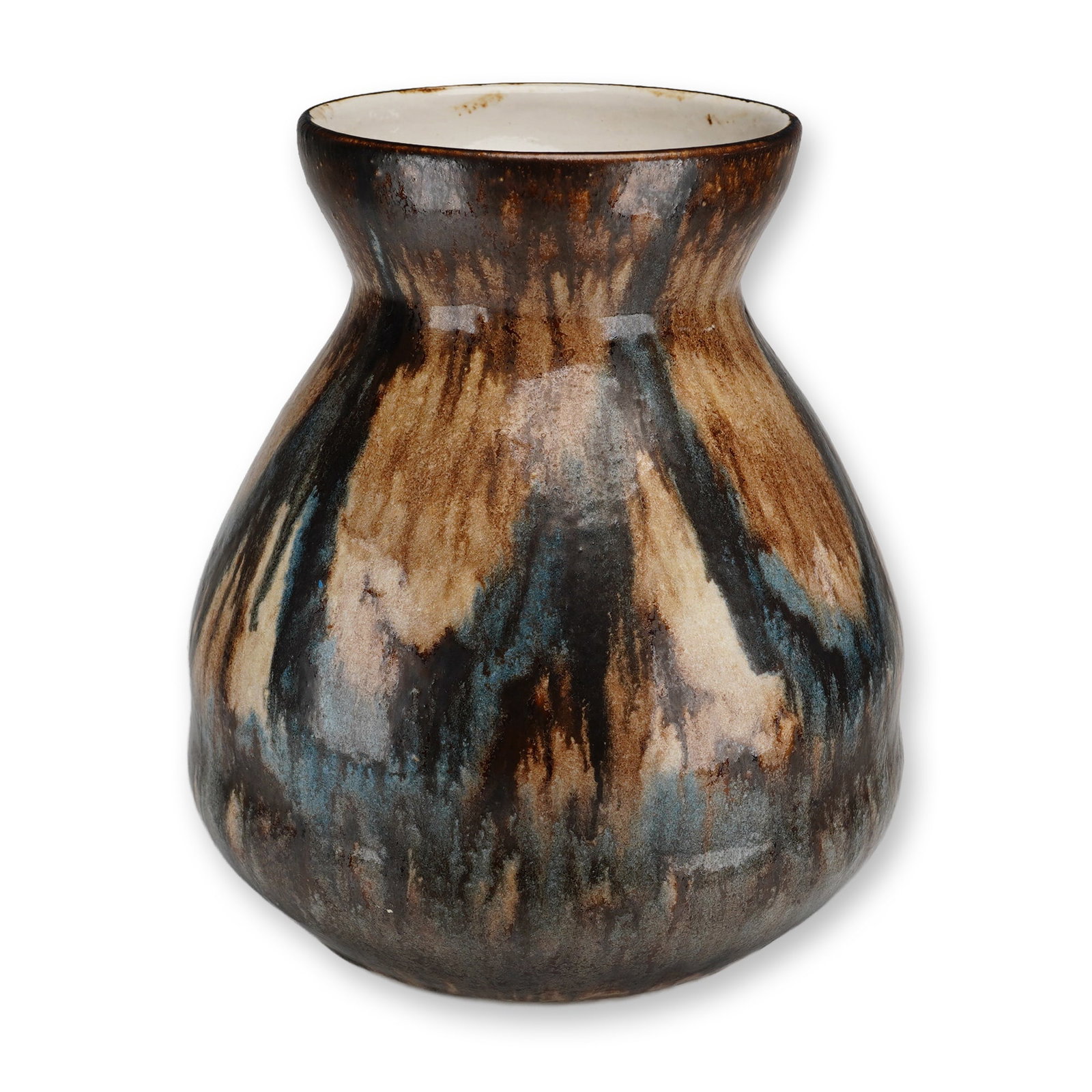 Mid-Century Style Drip-Glazed Studio Pottery Vase: A large bulbous-bodied ceramic vase featuring a broad base, a constricted neck, and a slightly flared, rimmed mouth. The vessel is finished with a variegated drip-glaze application creating vertical s