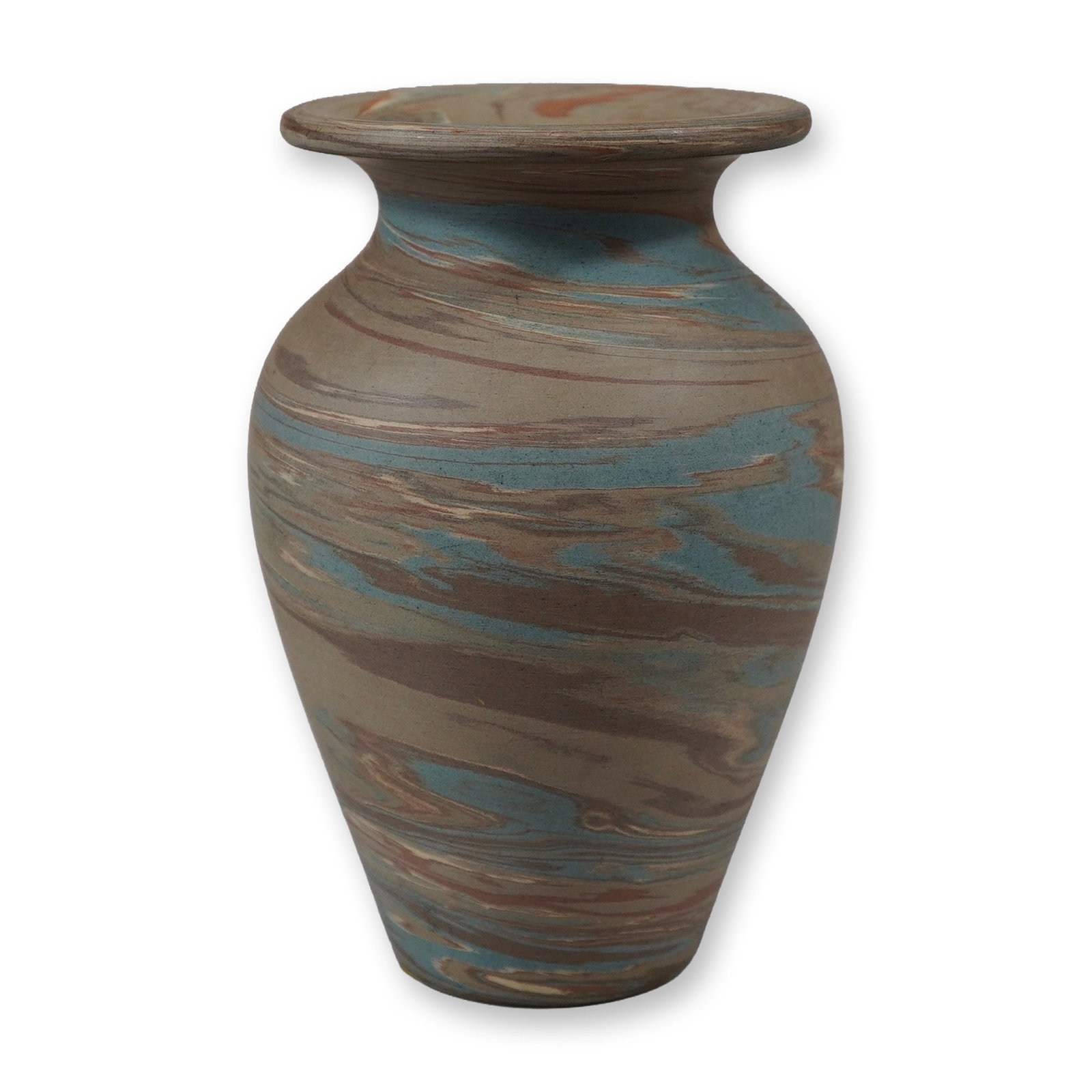 Niloak Missionware Swirled Agateware Pottery Vase: This small pottery vase is executed in the signature Missionware style attributed to the Niloak Pottery company of Benton, Arkansas. The piece is crafted using a swirled clay or agateware technique, i