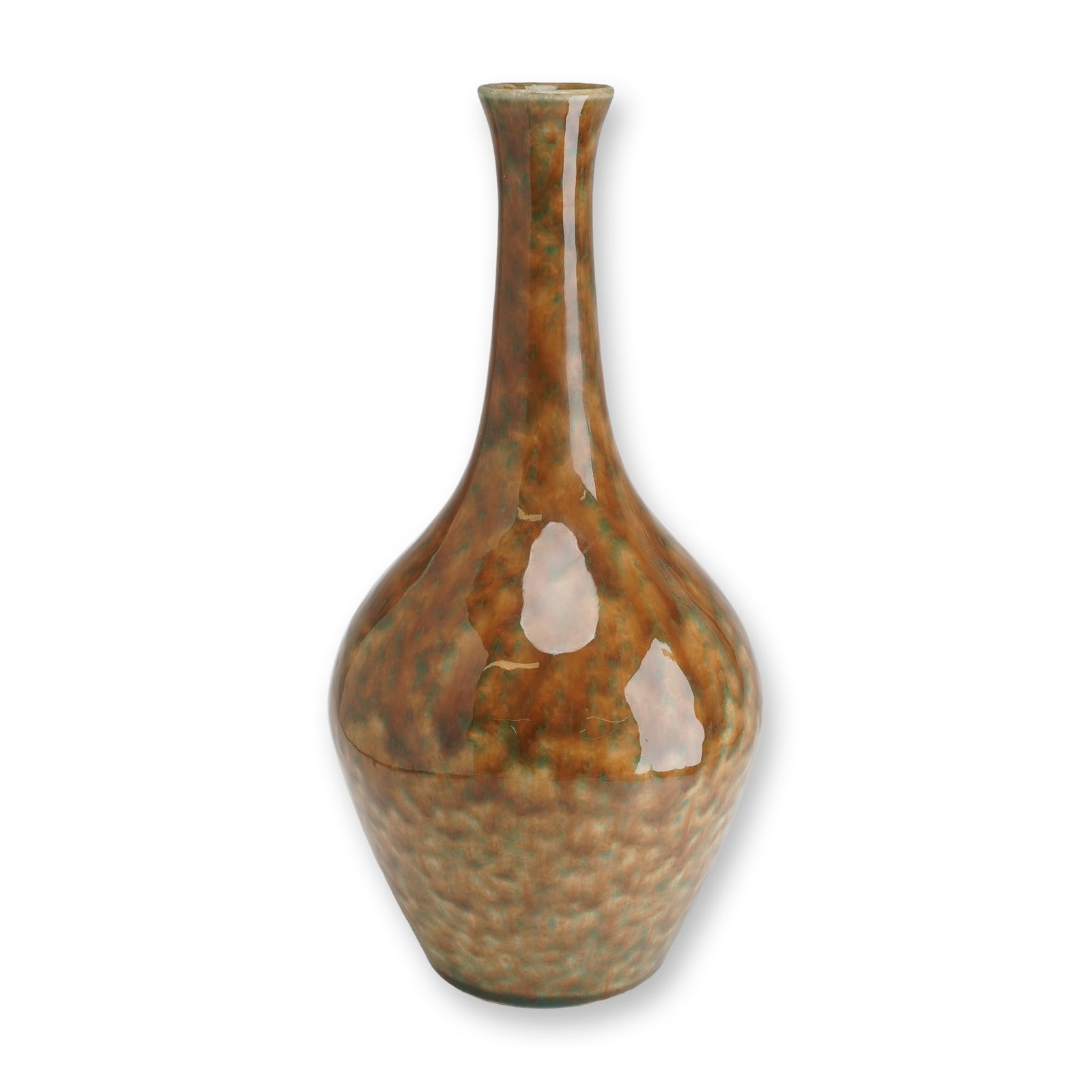 Wedgwood Mottled Tortoiseshell Drip Glaze Earthenware Bud Vase, circa 1950: A Wedgwood earthenware bottle or bud vase featuring a mottled tortoiseshell drip glaze. The vessel is designed with a bulbous body that transitions into a long, slender neck terminating in a slightly 