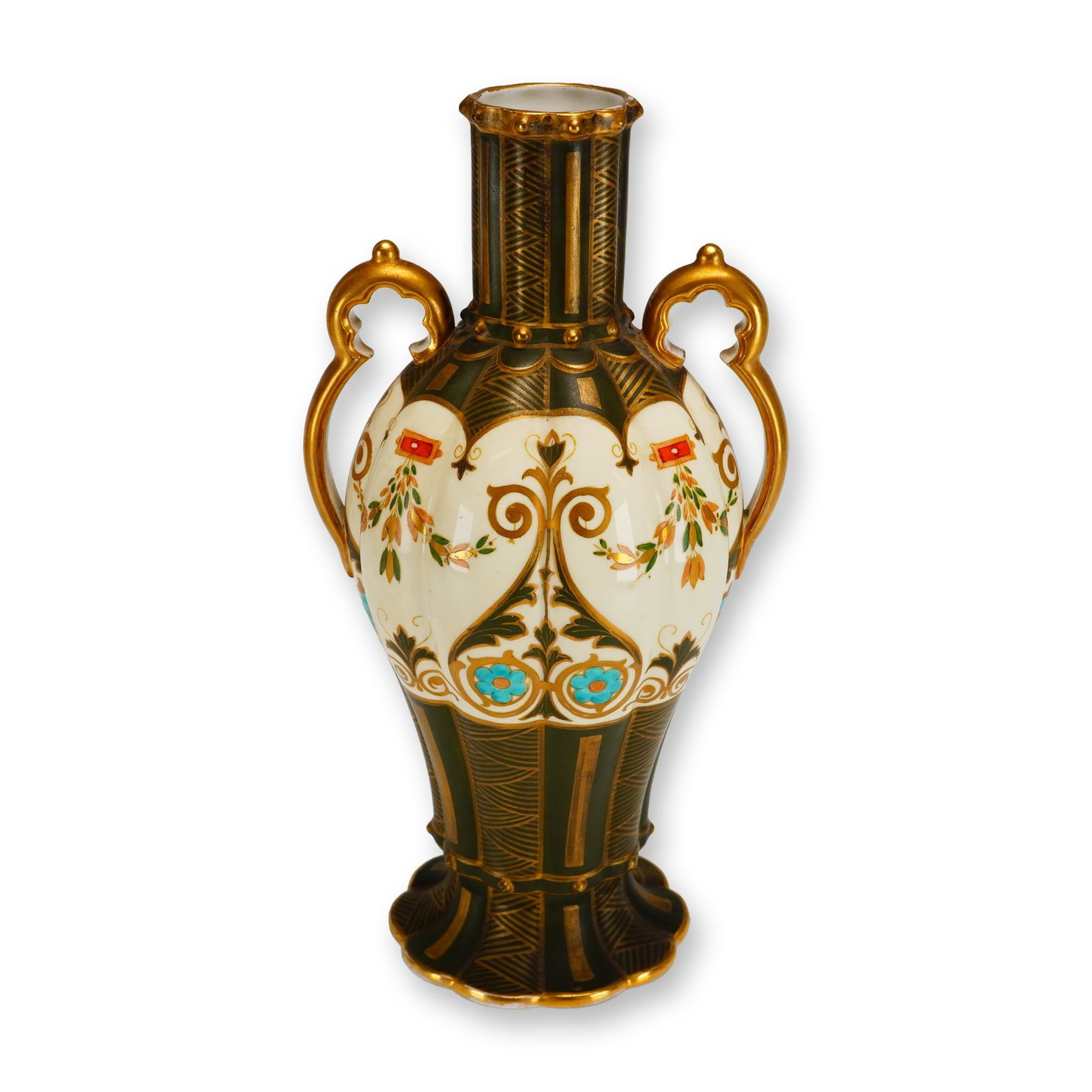 Wedgwood Porcelain Two-Handled Amphora-Form Vase: A Wedgwood porcelain two-handled amphora-form vase. The vessel features a tall, straight neck, a bulbous body, and a flared pedestal base, flanked by two ornate, heavily gilded double-scroll handles. 