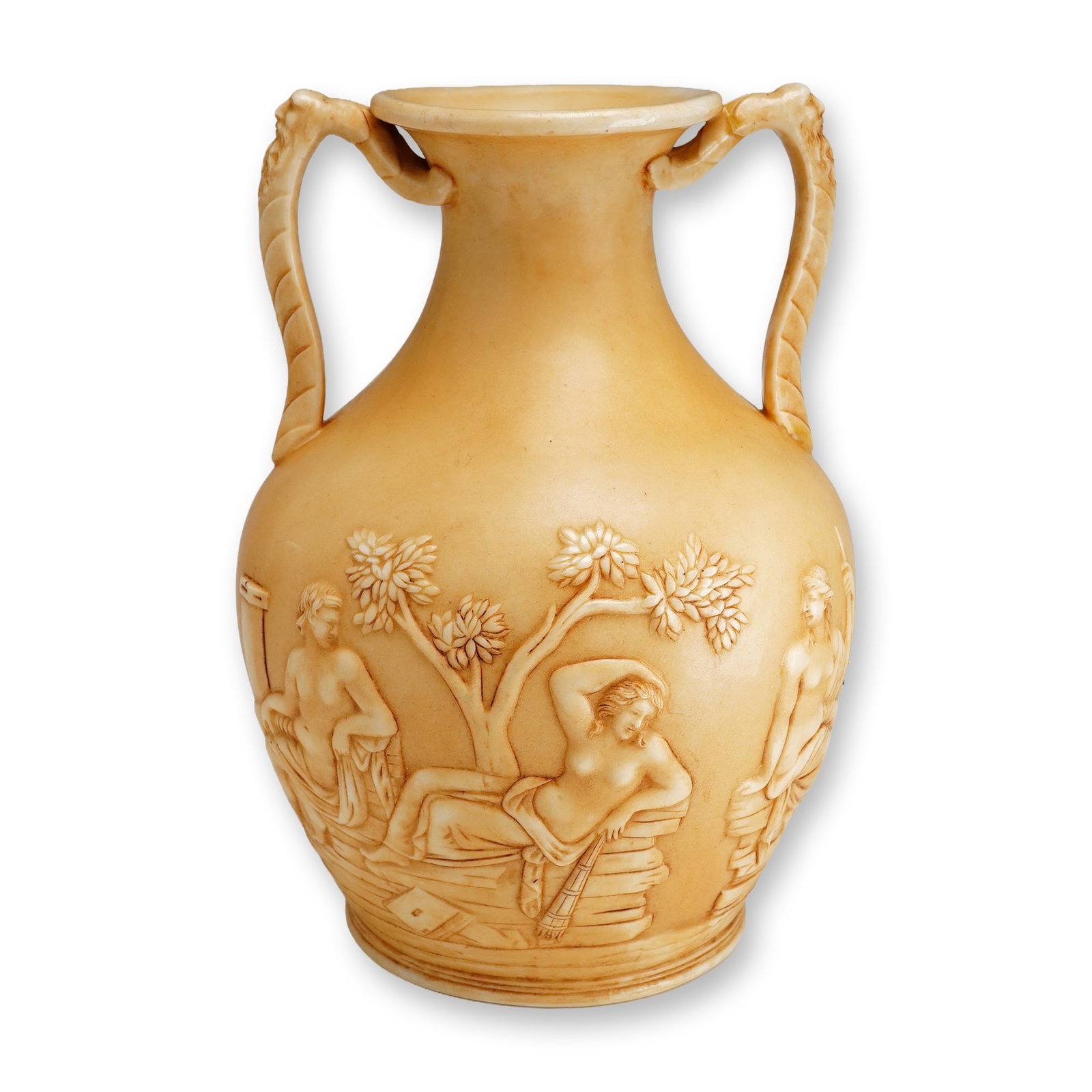 Wedgwood Cane Ware Portland Vase: This Wedgwood Portland Vase is crafted in cane ware, a fine-grained, unglazed tan stoneware. The amphora-shaped body is decorated with high-relief classical scenes in the neoclassical style, inspired 