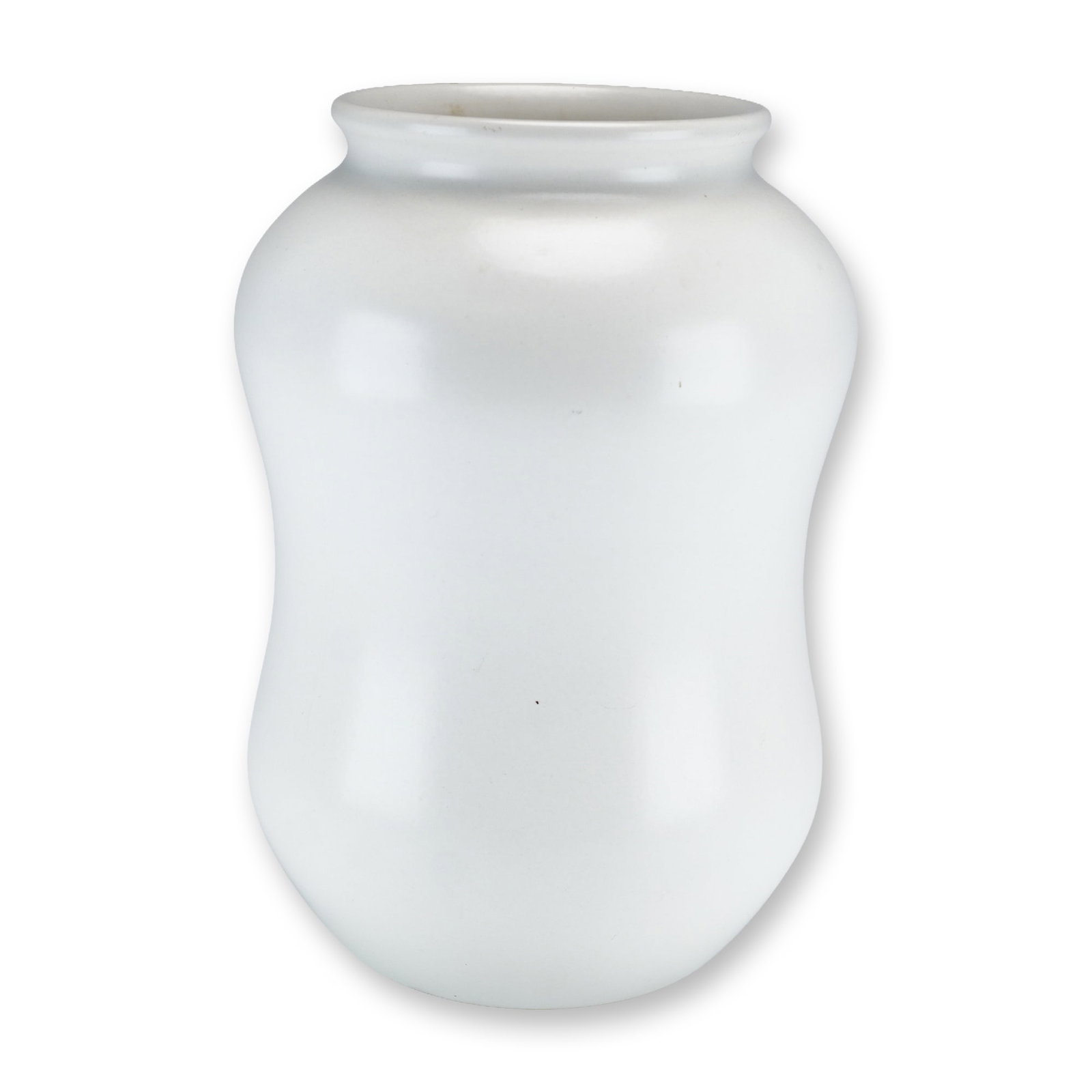 Wedgwood Norman Wilson White Glazed Pottery Vase Circa 1950: This mid-20th century ceramic vase was produced by Wedgwood under the direction of or featuring a glaze developed by Norman Wilson. The vessel displays a bulbous, modernist form with a flared rim and 