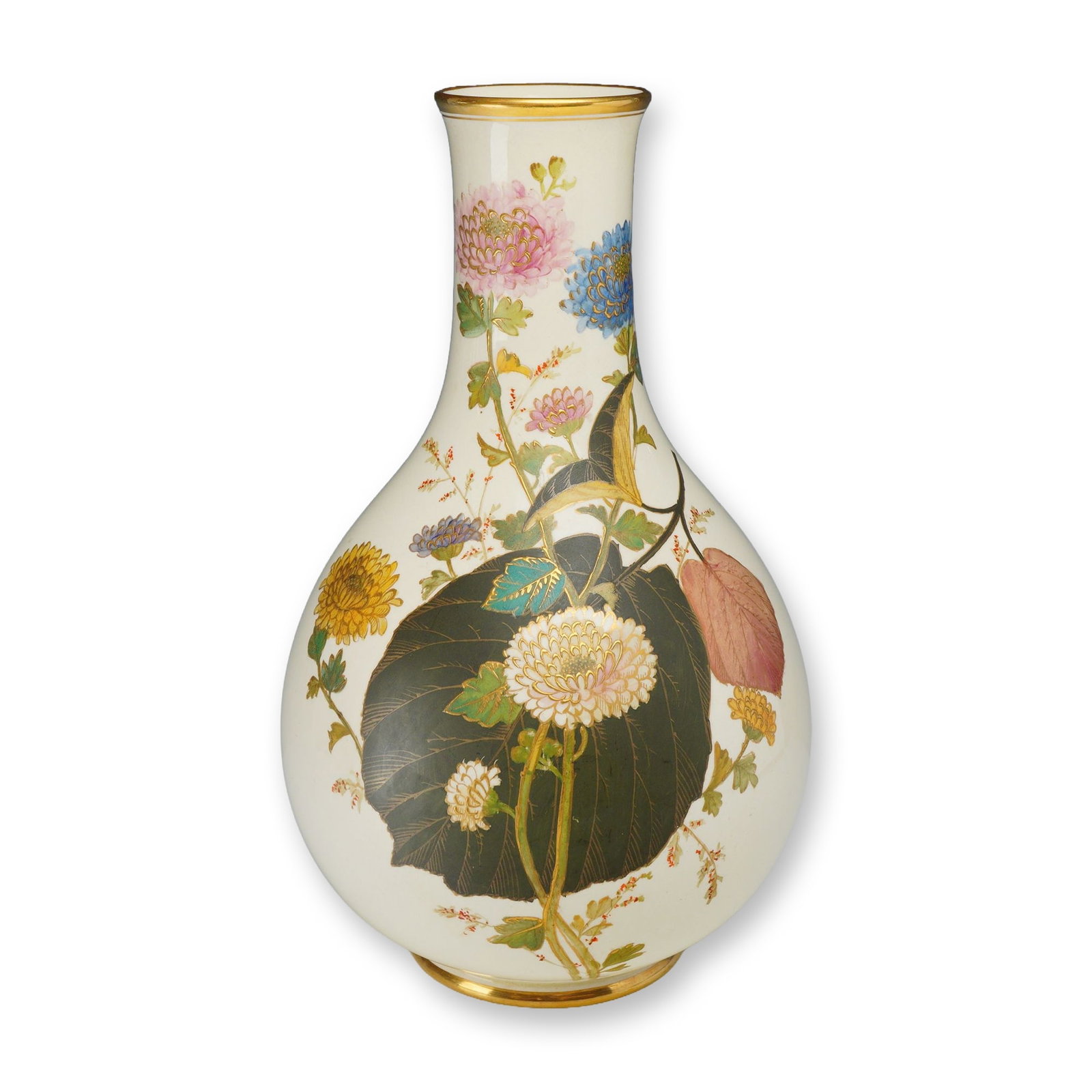 Wedgwood Gilded Ivory Ware Porcelain Vase with Floral Japonisme Decoration: This Wedgwood Ivory Ware porcelain vase is of pyriform shape, featuring a bulbous body that tapers to a slender, elongated neck with a flared rim. The exterior is hand-painted in polychrome enamels wi