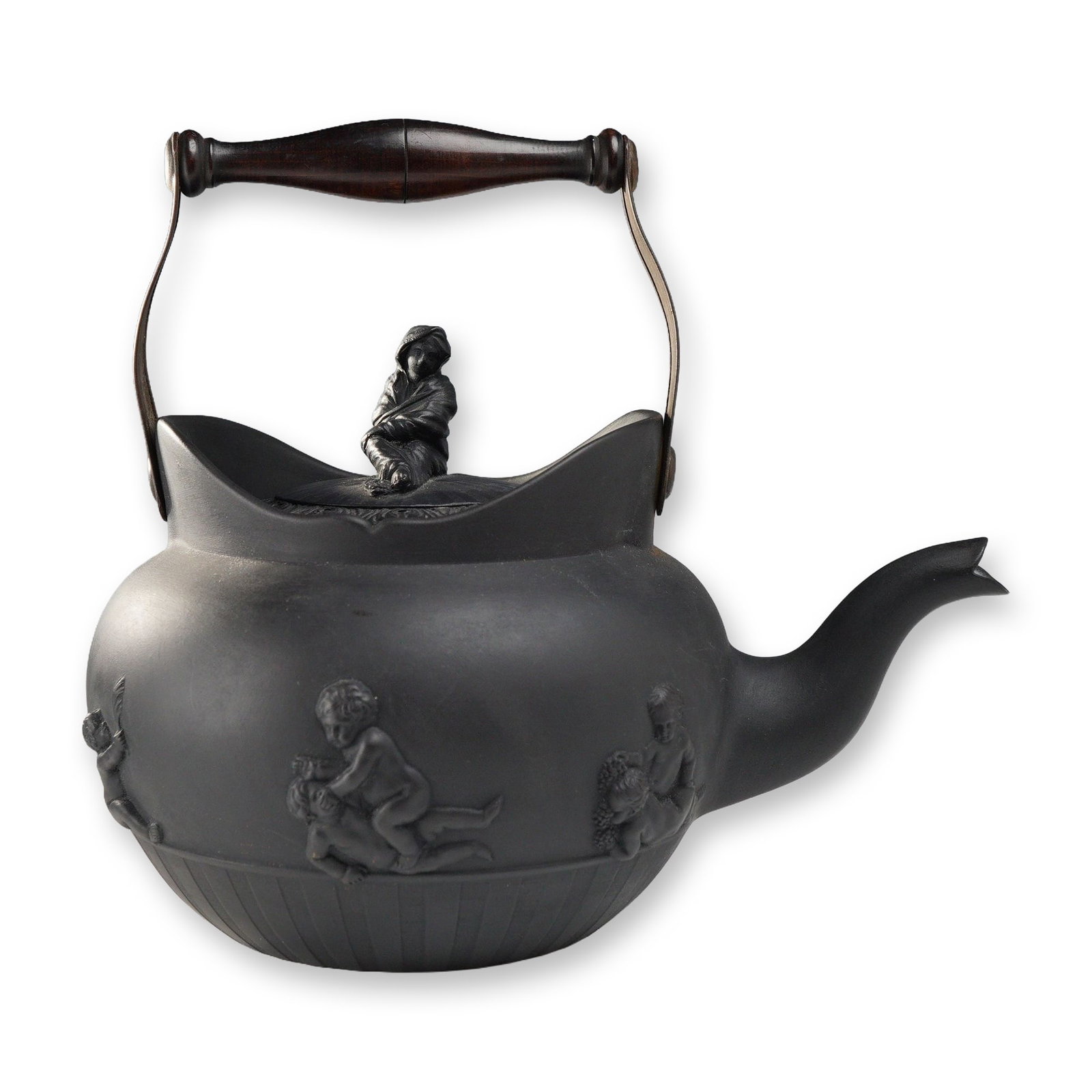 Wedgwood Black Basalt Tea Kettle: A Wedgwood black basalt tea kettle of globular form featuring relief-molded classical scenes. The body is decorated in bas-relief with various groups of putti at play. The lower portion of the vessel 