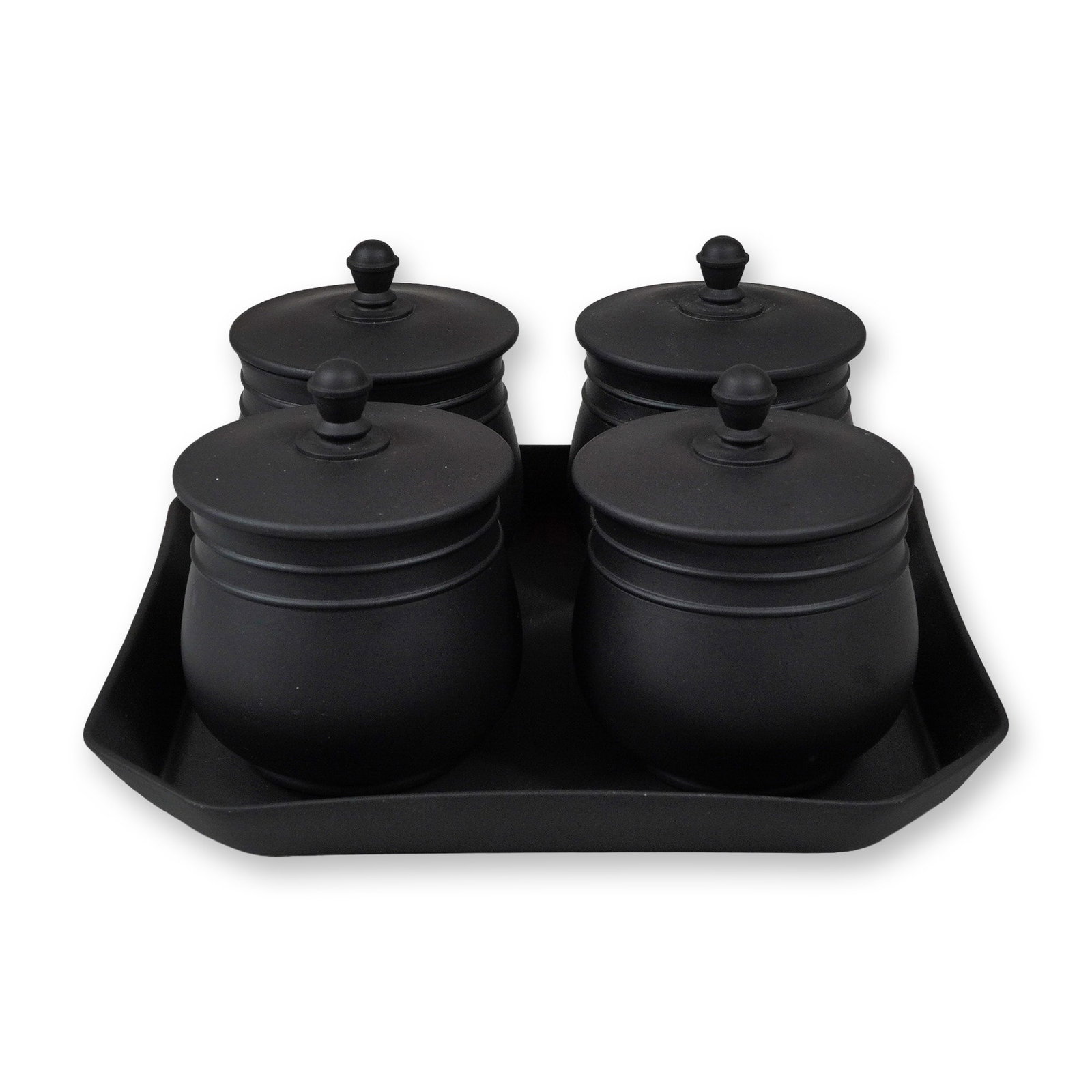 Wedgwood Black Basalt Five-Piece Condiment Set: A five-piece condiment set manufactured by Wedgwood in England. The set is crafted from black basalt, a fine-grained, unglazed black stoneware with a characteristic matte exterior finish. The interior
