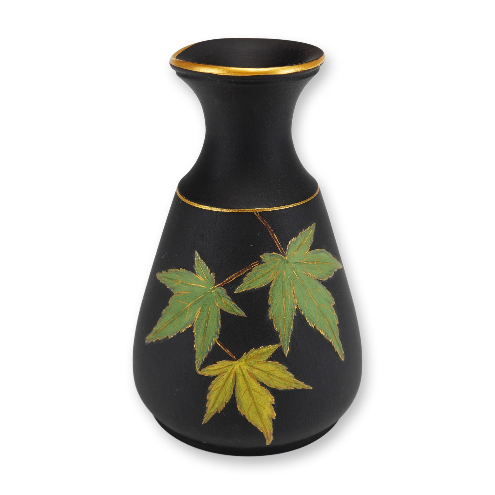 Wedgwood Black Basalt Miniature Vase with Gilded Maple Leaf Decoration (1 of 4)