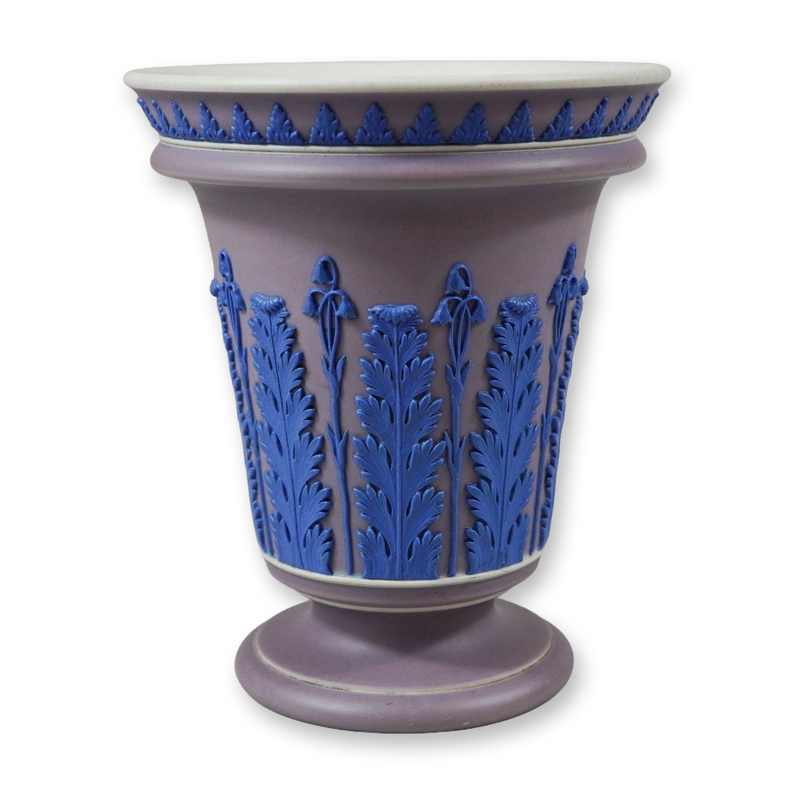 Wedgwood Tri-Color Jasperware Bough Pot with Flower Frog: This Wedgwood tri-color jasperware bough pot features a tapering cylindrical form with a flared rim, resting on a circular pedestal foot. The vessel includes a removable white jasperware perforated fl