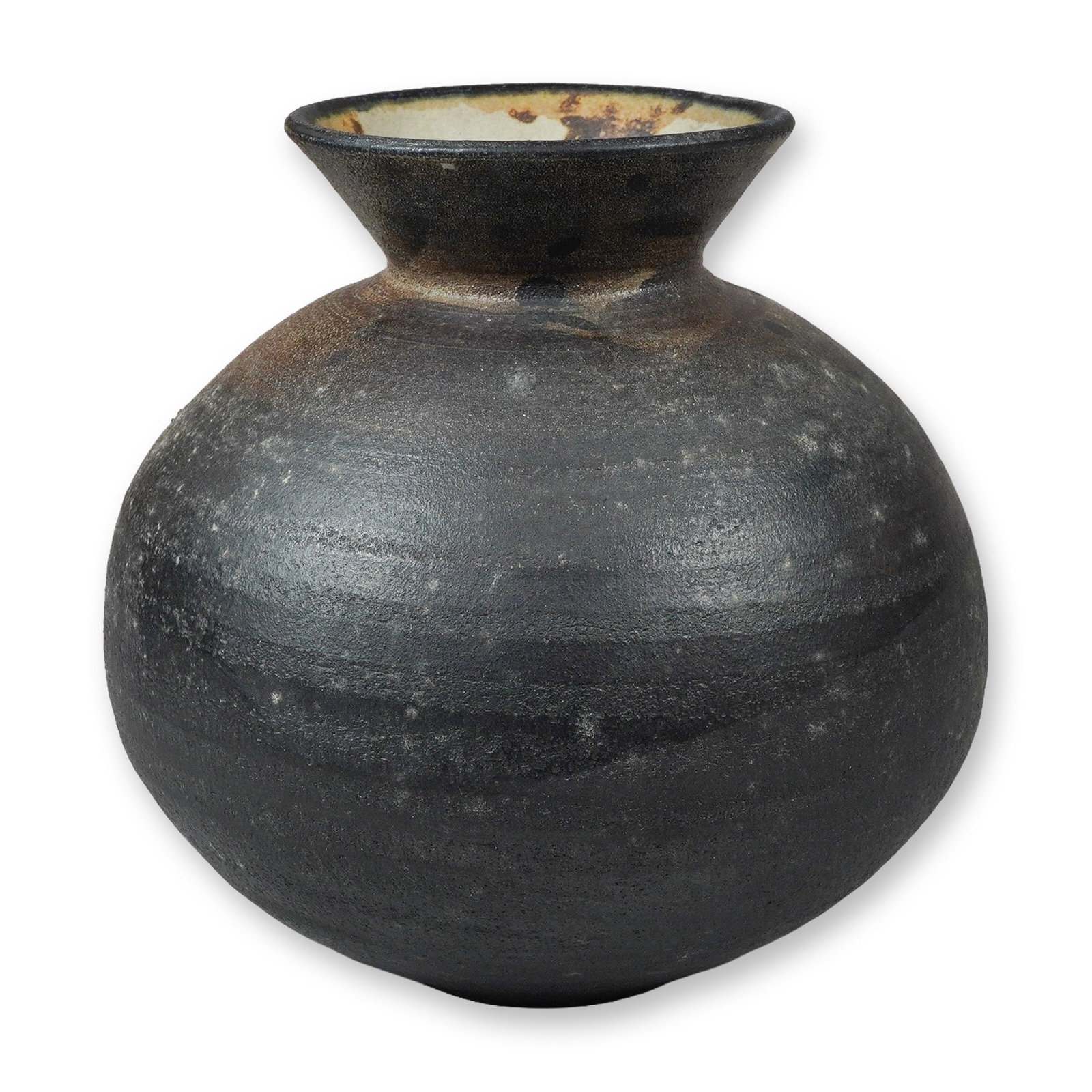 John Dermer Australian Studio Pottery Stoneware Bulbous Pot with Flared Rim, 1971-1972: A substantial globular stoneware vessel created by John Dermer. The pot features a heavily textured surface finished in a matte black glaze that transitions to warm brown and buff tones toward the nec