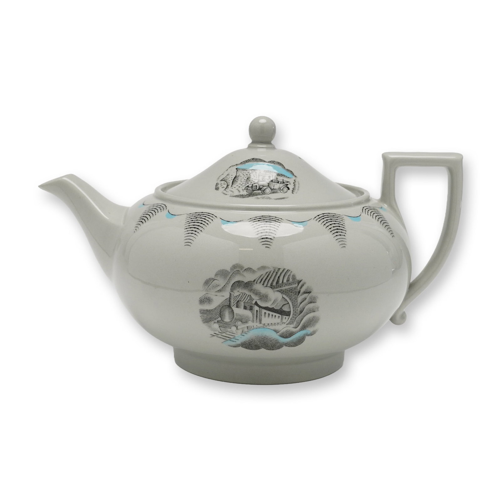 Wedgwood Eric Ravilious Travel Pattern Ceramic Teapot and Lid: This ceramic teapot and matching lid feature the Travel pattern designed by artist Eric Ravilious for Wedgwood. The item is constructed from earthenware, specifically Wedgwood Queen's Ware, with a lig