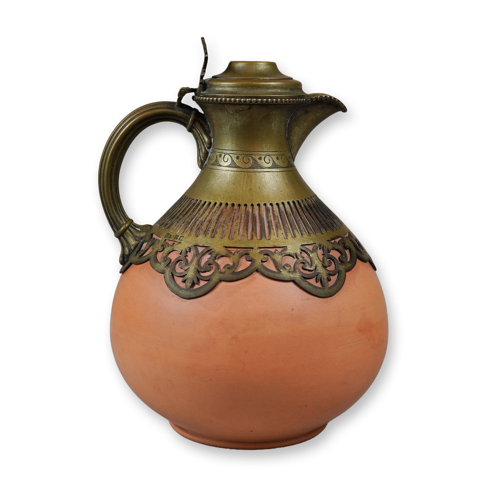 Wedgwood Rosso Antico Metal Mounted Pitcher: A Victorian-era Wedgwood Rosso Antico unglazed red stoneware pitcher of globular form featuring ornate patinated metal mounts. The metal top includes a hinged lid with a ball-and-scroll thumbpiece