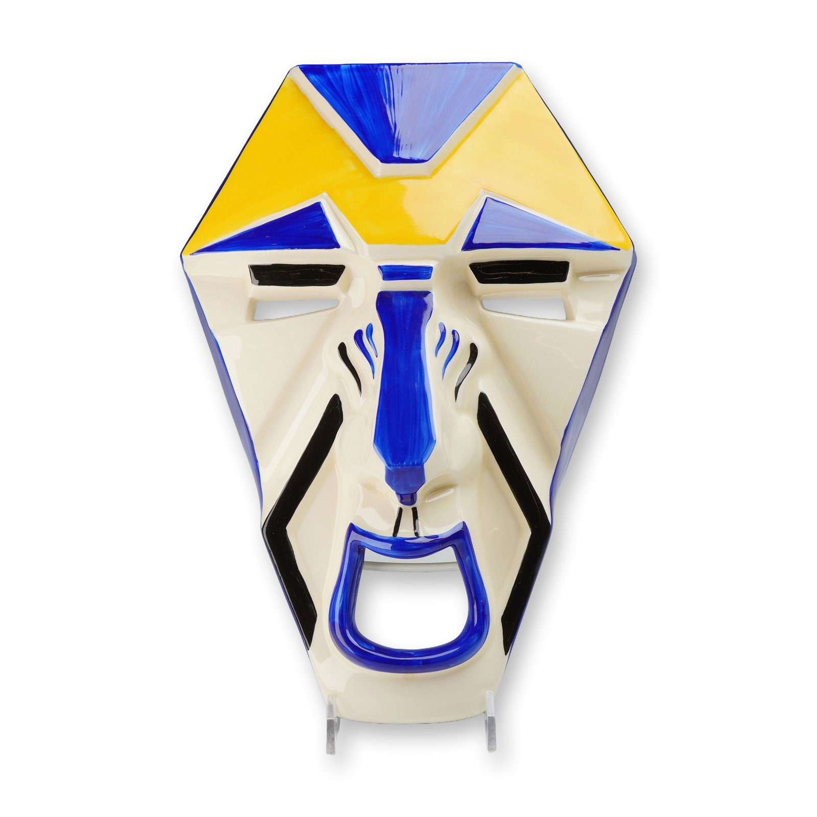 Wedgwood 2002 Clarice Cliff Collectors Club Hand-Painted Ceramic Wall Hanging Mask: This ceramic wall hanging mask is a hand-painted reproduction of a classic Art Deco design by Clarice Cliff, manufactured by Wedgwood in 2002 for the Clarice Cliff Collectors Club. The piece is a
