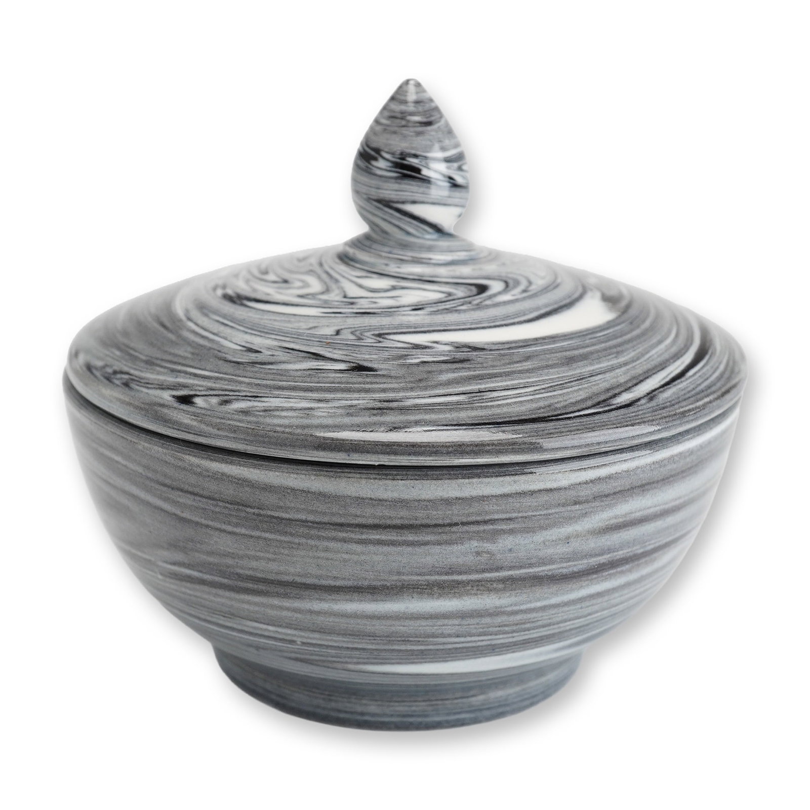 Wedgwood Norman Wilson Agateware Lidded Swirl Jar: A Wedgwood agateware lidded jar designed by Norman Wilson for Josiah Wedgwood and Sons. The piece is crafted from solid marbled clay, creating a high-contrast swirl pattern throughout the body in