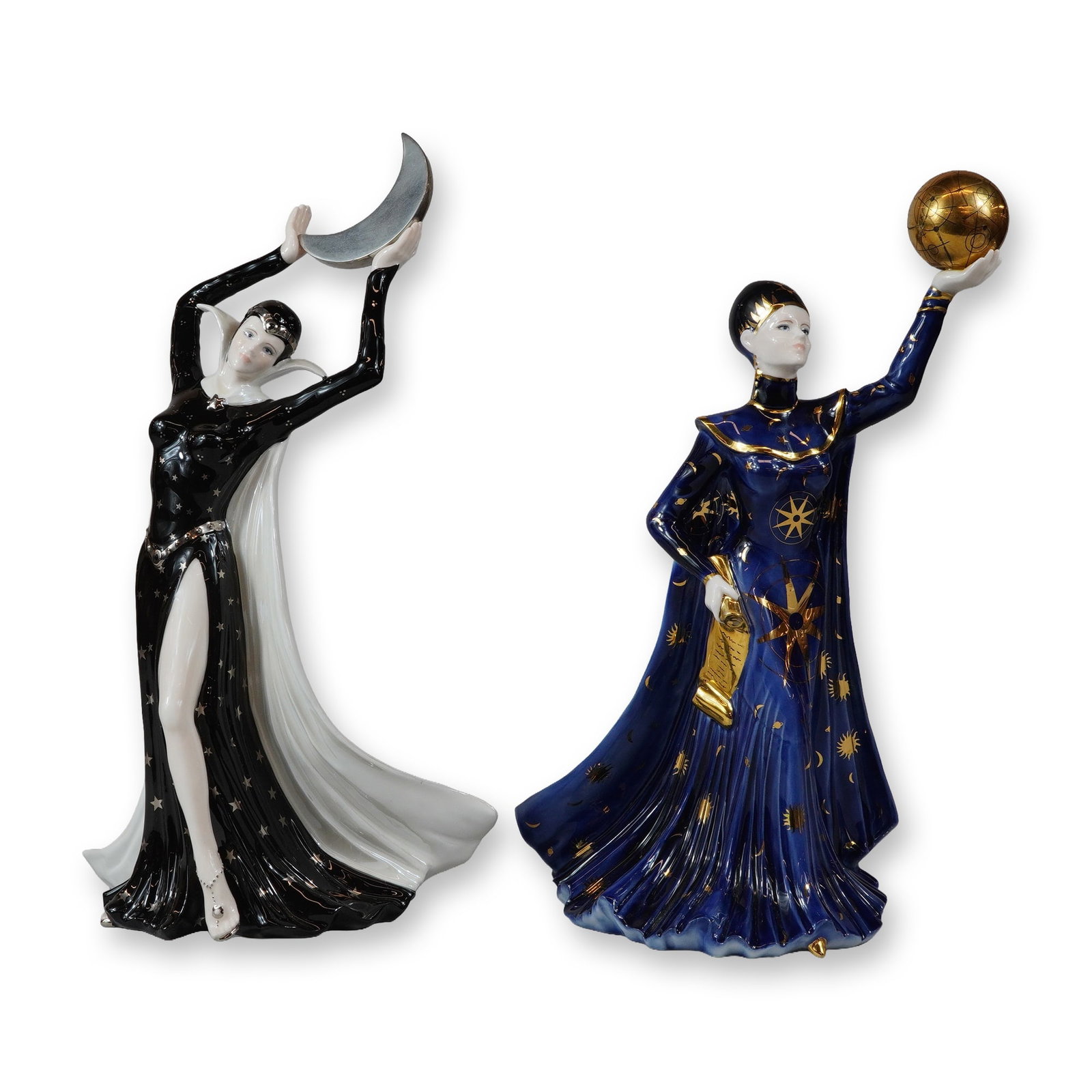 A Pair of Wedgwood Galaxy Collection Bone China Figurines: A pair of Wedgwood bone china figurines from the Galaxy Collection, modeled by Jack Glynn and issued in 1997. The first figurine, titled Queen of the Night, features a stylized figure in a black and w