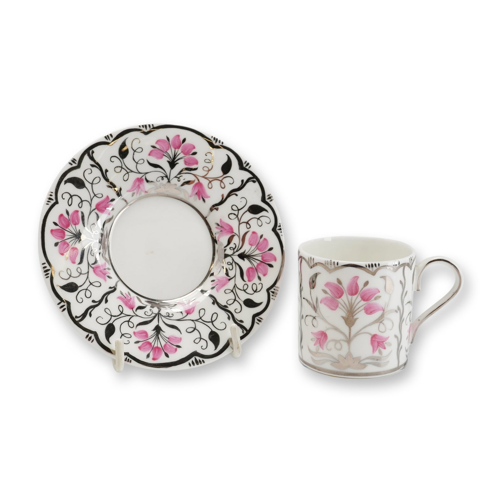 2pc Wedgwood Bone China Papyrus Pink Pattern Coffee Cup and Saucer: A Wedgwood fine bone china coffee cup and saucer set in the Papyrus Pink pattern. The set includes a cylindrical Bond shape demitasse cup with a loop handle and a matching saucer featuring a deep cent