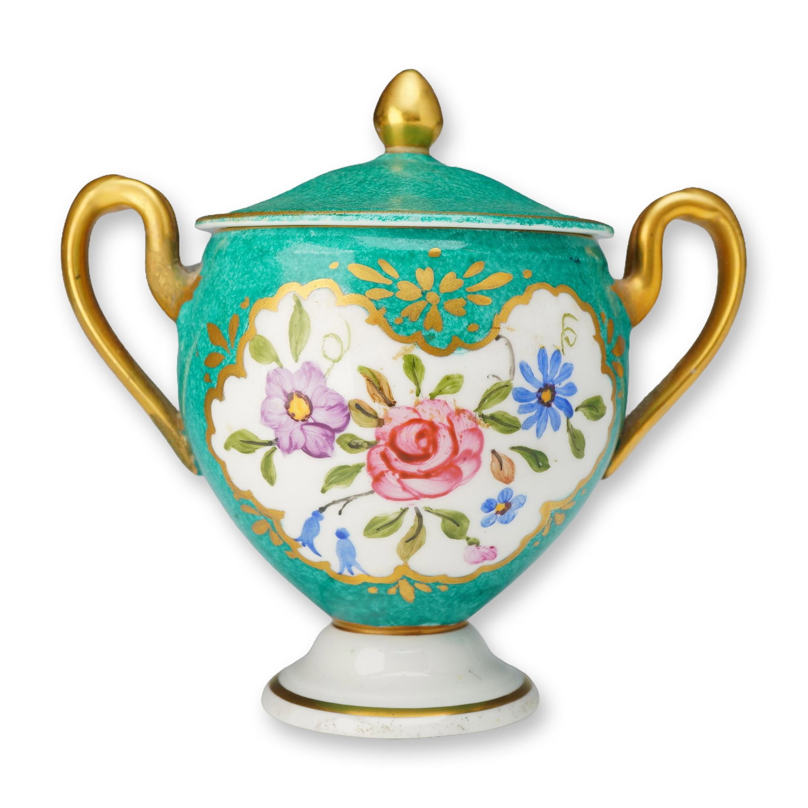 Wedgwood Bone China Hand-Painted Lidded Sugar Bowl, circa 1920: A footed bone china lidded sugar bowl of urn form produced by Wedgwood, dating to approximately 1920. The vessel features two gilded scroll handles and a matching domed lid topped with a gilded acorn-