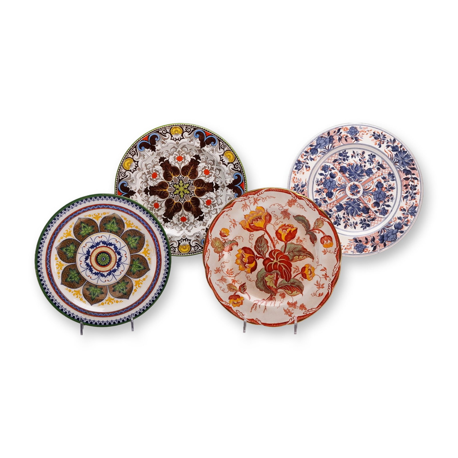 Lot of 4 Wedgwood Ceramic Plates Including Chestnut, Water Nymph, Rouen, and Ningpo Patterns: This collection consists of four glazed earthenware decorative plates manufactured by Wedgwood, primarily dating from the late 19th to early 20th century. Each plate features a distinct transfer-print