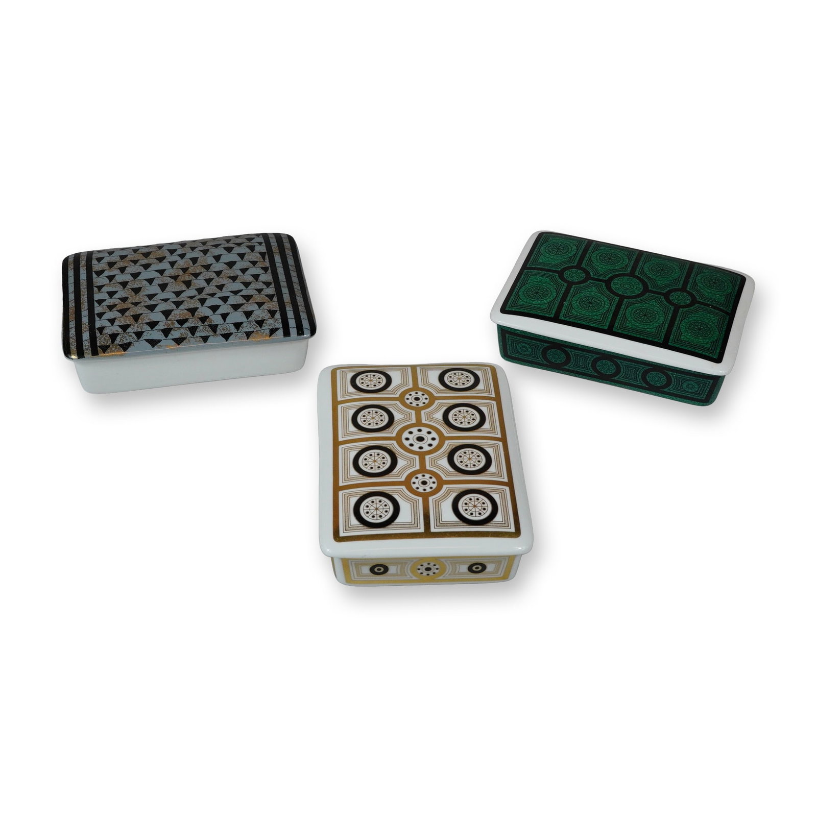 3pc Wedgwood Bone China Design 63 Lidded Boxes: A trio of rectangular fine bone china lidded boxes from the Design 63 collection produced by Wedgwood. This collection, designed by Robert Minkin and introduced in 1963, features modernist geometric p