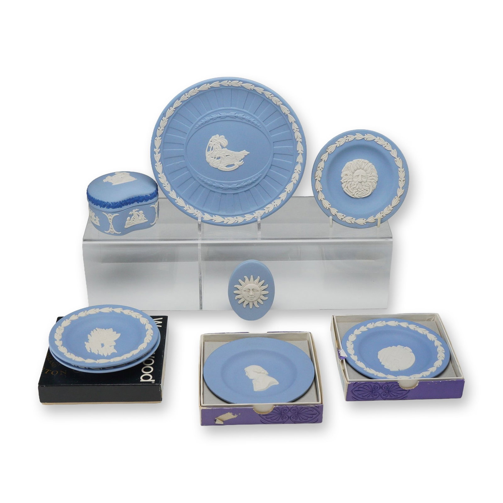 8 Piece Collection of Wedgwood Blue Jasperware Including Six Dishes One Plaque and One Lidded Box (1 of 4)
