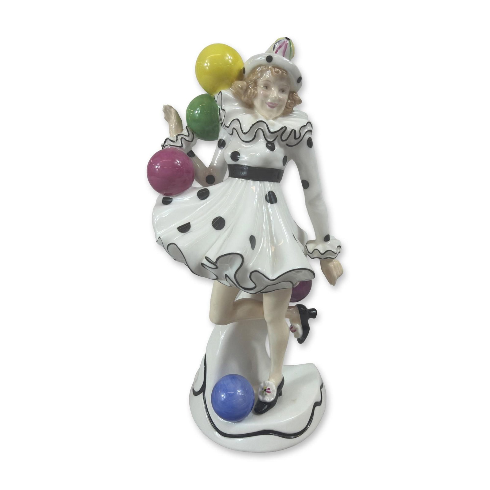Royal Doulton Franceschina Porcelain Figurine: A Royal Doulton Prestige series porcelain figurine titled Franceschina, model HN 5305. The figure depicts a female balloon clown in a stylized pose, wearing a white ruffle-trimmed outfit with black po