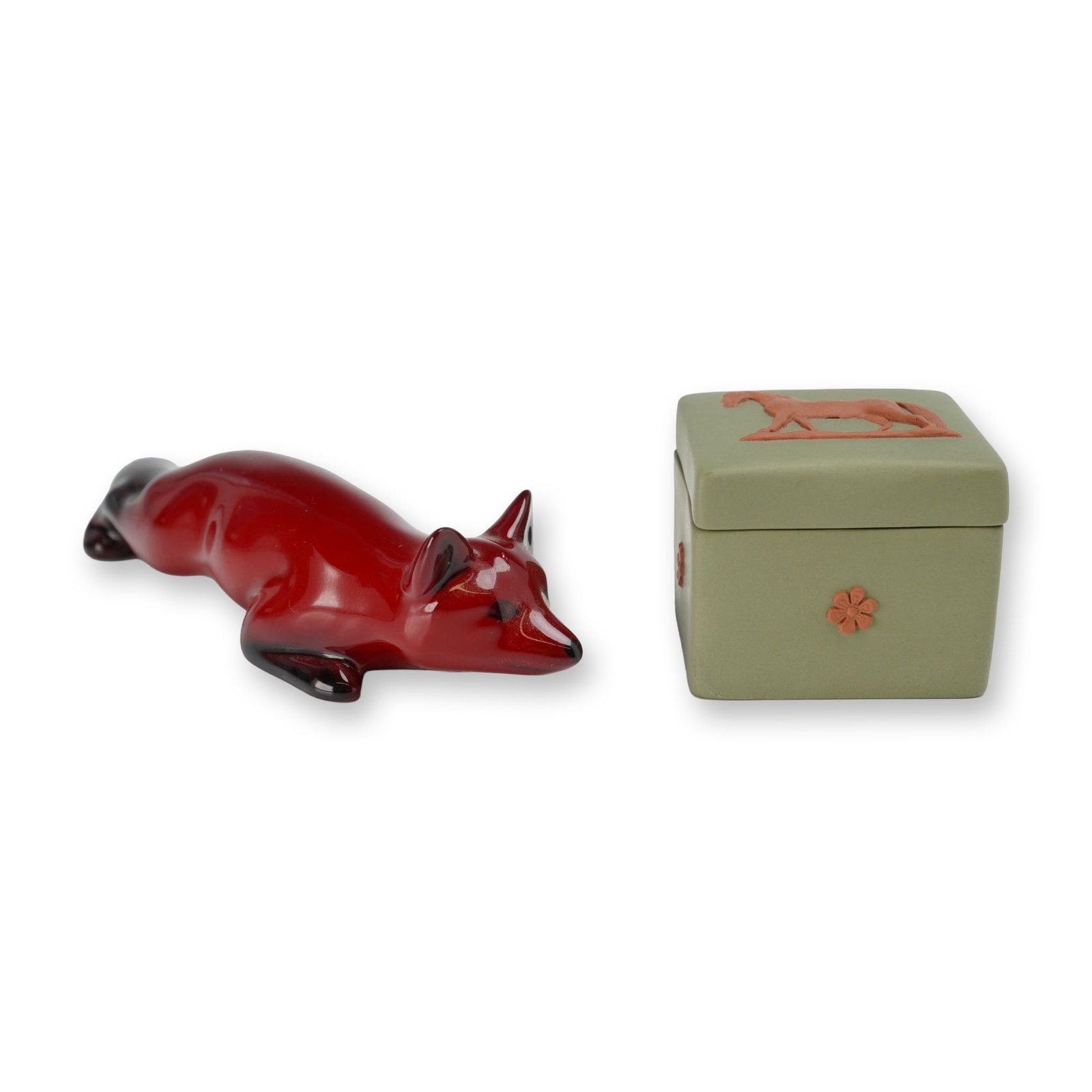 2pc Royal Doulton Flambe Fox and Wedgwood Jasperware Sage Green Lidded Box (1 of 4)