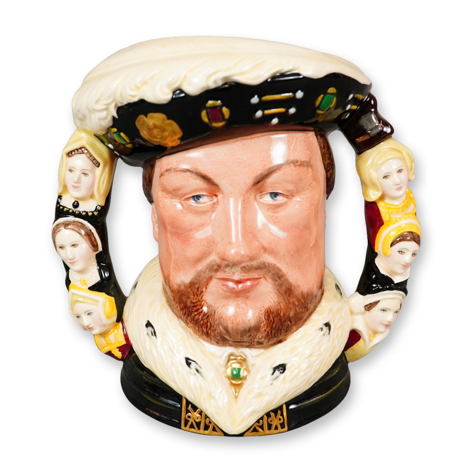 Royal Doulton Double-Handle Large Character Jug, D6888: Issued to commemorate the 500th anniversary of the birth of King Henry VIII, this finely modeled jug features detailed portraiture of the monarch, with the handle incorporating representations of his 