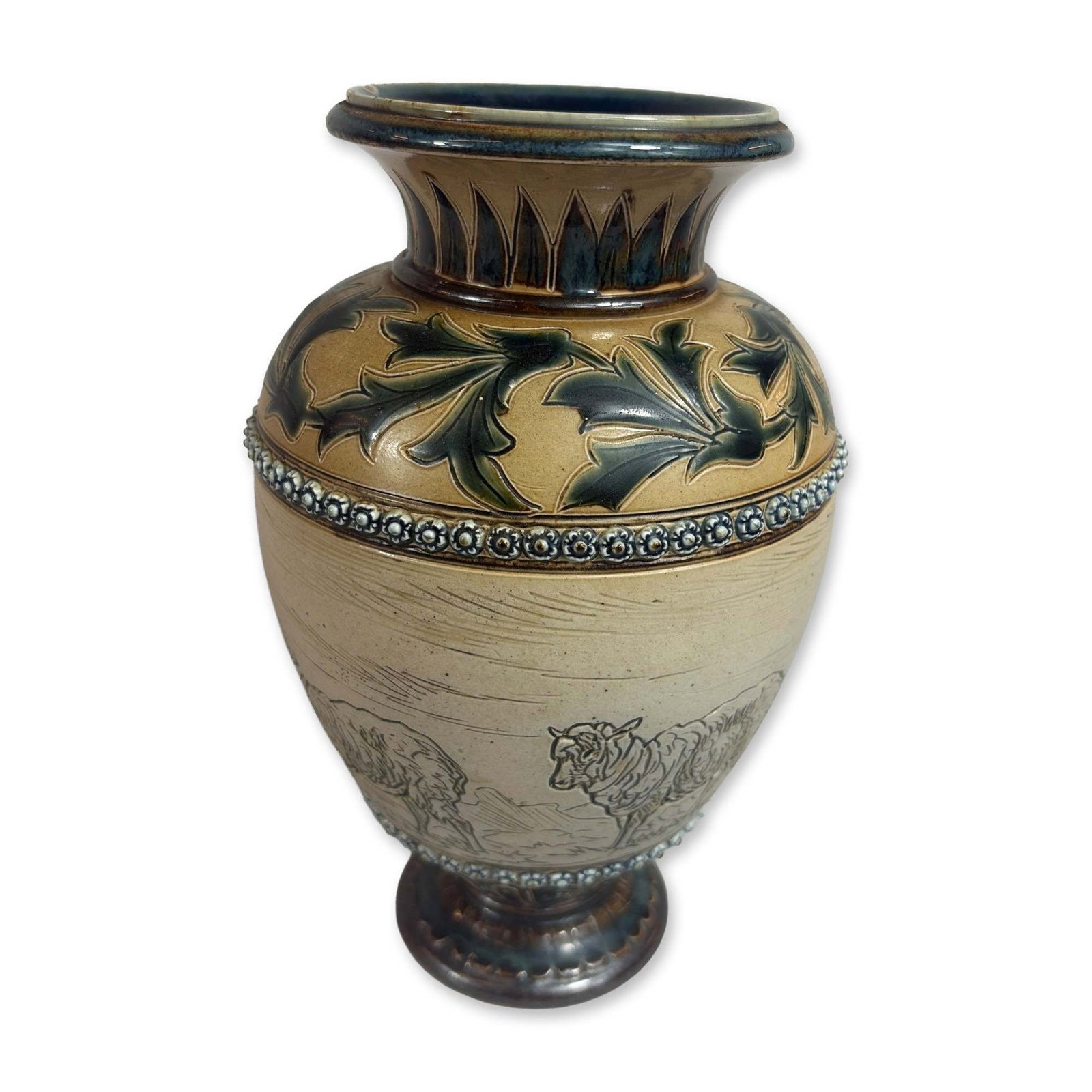 Doulton Lambeth Hannah Barlow Stoneware Vase: Doulton Lambeth salt-glazed stoneware vase by Hannah Barlow, dated 1883. The ovoid body features a central sgraffito frieze depicting sheep in a landscape, bordered by rows of applied beading. The upp