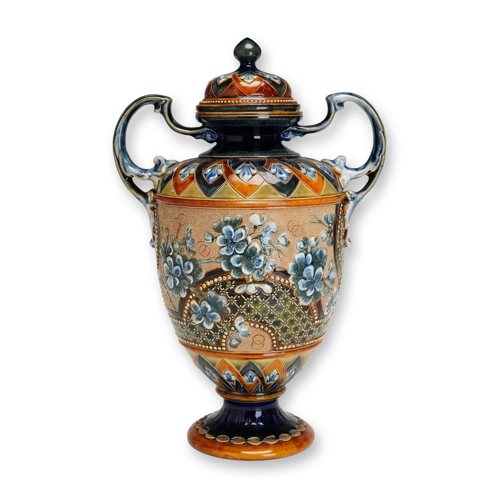 Doulton Lambeth Eliza Simmance Stoneware Lidded Urn: This late 19th-century salt-glazed stoneware urn was produced by Doulton Lambeth and commissioned for the Art Union of London. The vessel is of ovoid form set upon a flared pedestal base with twin scr