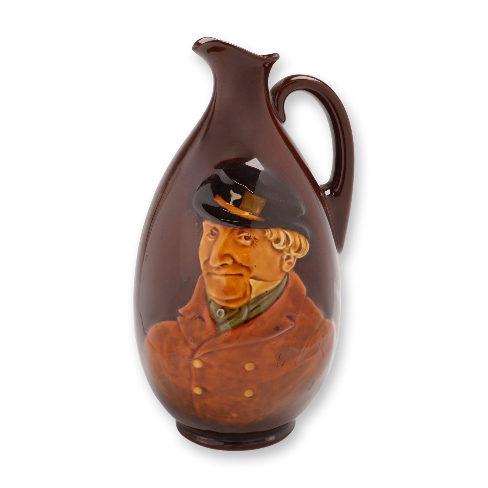 Royal Doulton and Dewar's Whisky Kingsware Jug, Sporting Squire: Earthenware advertising jug for Dewar's Whisky, featuring a low-relief molded portrait of a man in a hunting attire. The vessel is finished in a deep brown glaze with colored slips and cream slip-trai