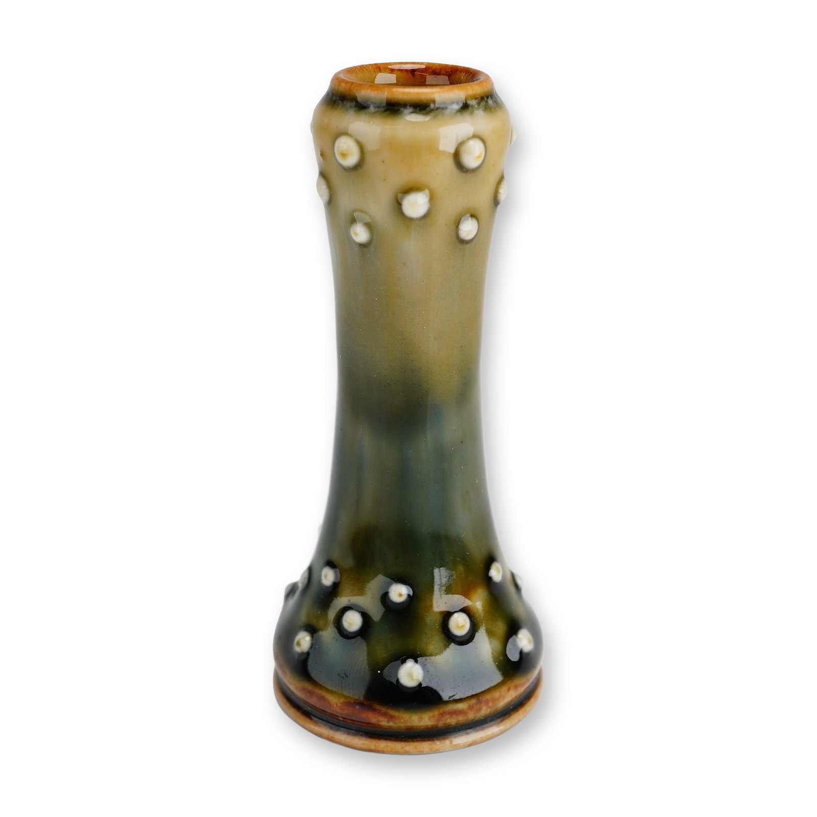 Royal Doulton Stoneware Glazed Mini Vase: A miniature stoneware vase in a green and blue glaze, accented with white beaded reliefs. Royal Doulton impressed stamp. Dimensions: 1.5"W x 3"H Manufacturer or Brand: Royal Doulton Country of Origin: