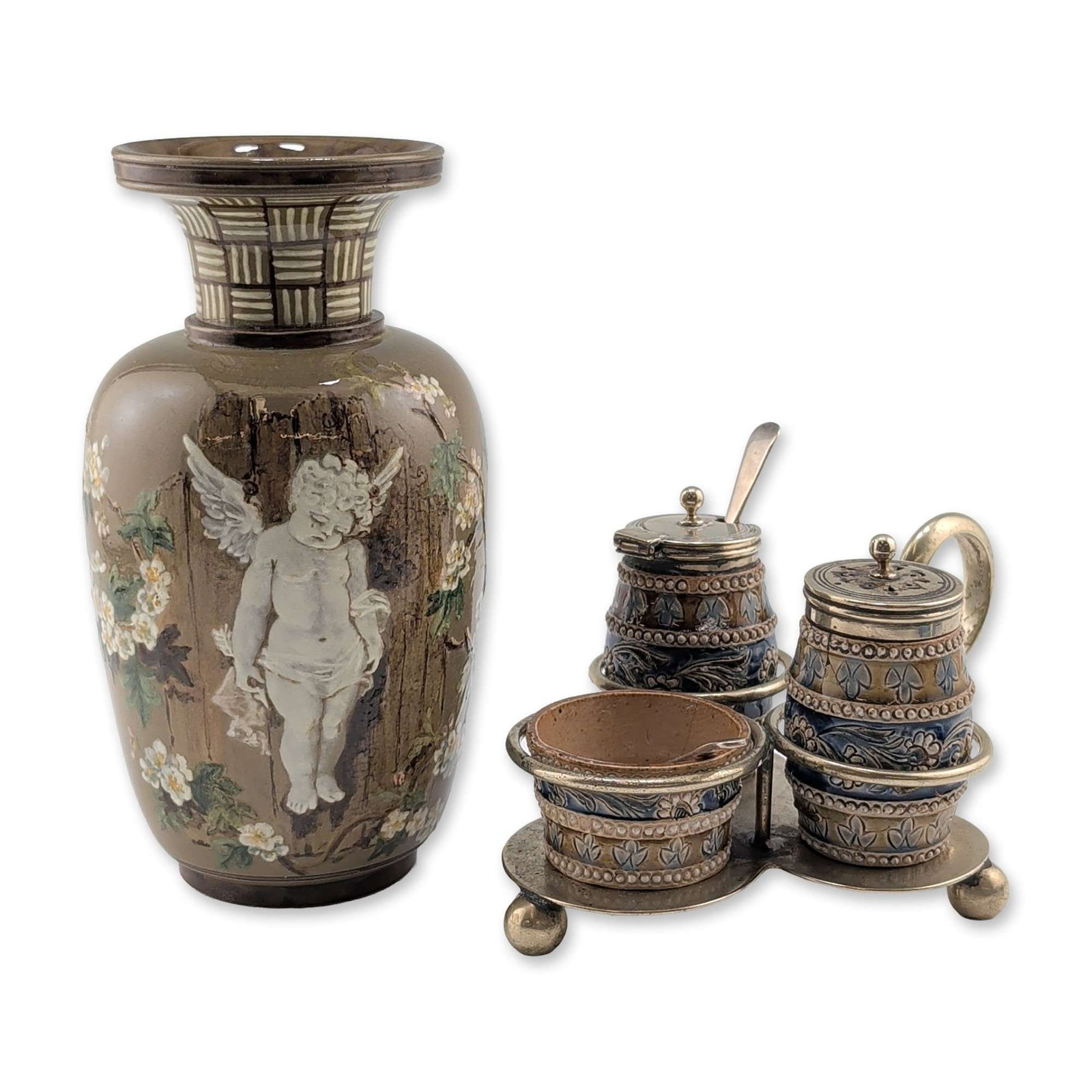 2pc Doulton Lambeth Stoneware Vase and Cruet Set (1 of 12)