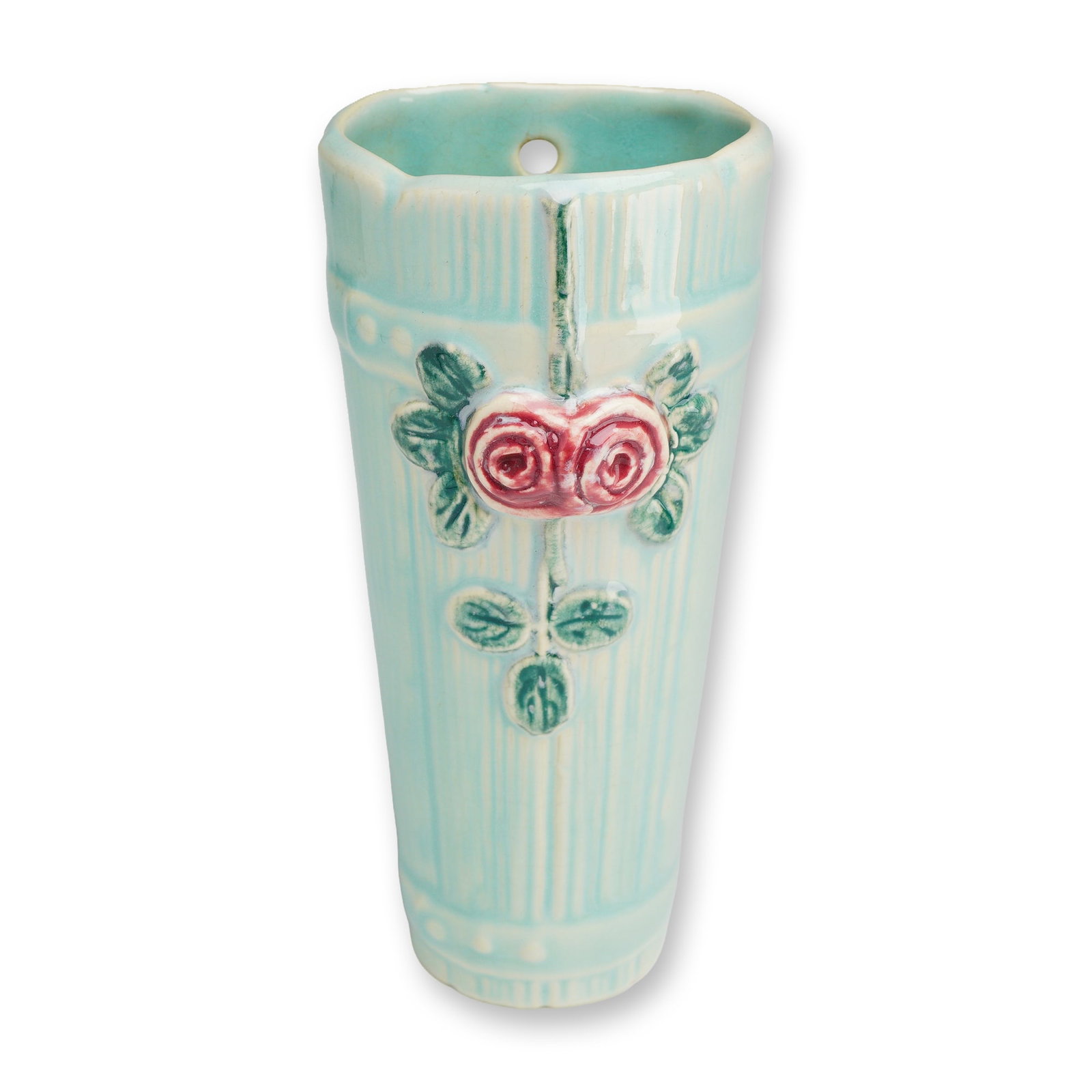 Weller Aqua Rose Wall Pocket, Rare Coloration: A 20th-century American art pottery wall pocket produced by Weller Pottery of Zanesville, Ohio, in the Roma pattern. This ceramic vessel features a tapered, semi-cylindrical form with a flat back and 