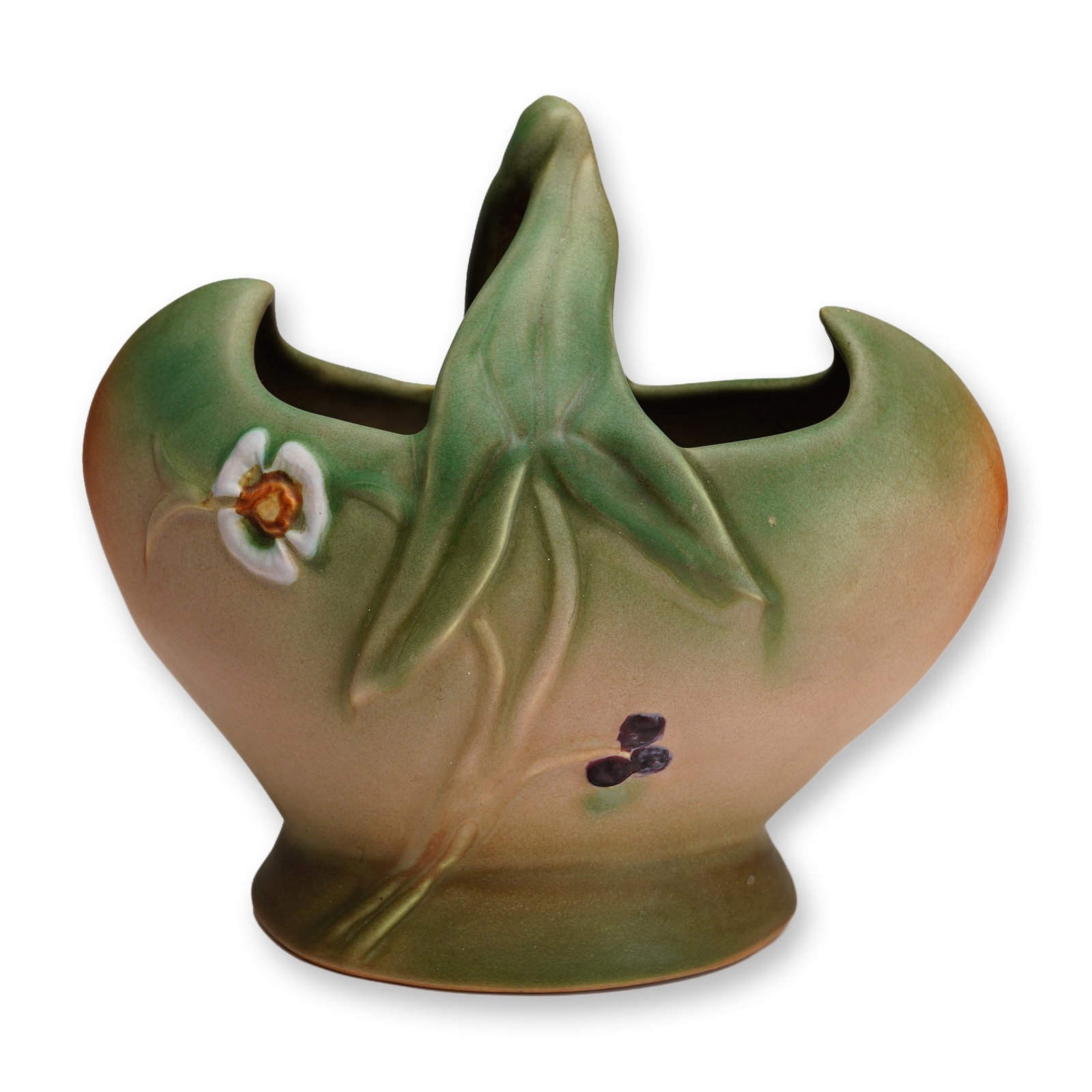 Weller Pottery Basket Vase, Tutone: Ceramic basket-shaped vase produced by Weller Pottery as part of the Tutone line, circa 1920s. The vessel features a molded body finished in a matte glaze with a gradient transition from a warm tan-pe