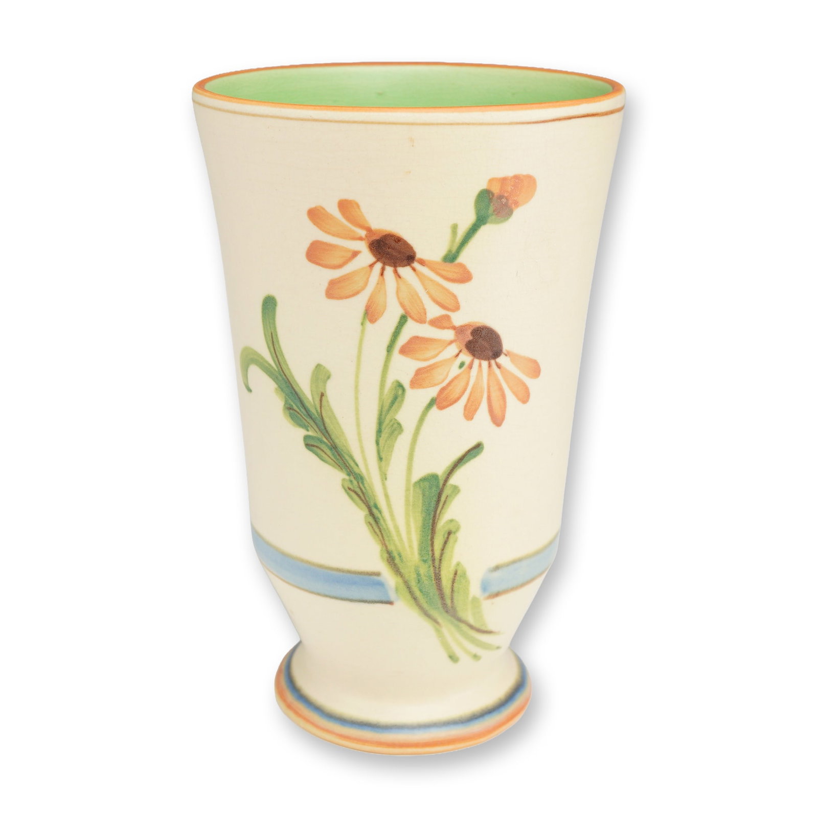 Weller Pottery Earthenware Vase, Bonito Daisy: The vessel features a tapering conical body terminating in a short, flared foot, reflecting the transition between Arts and Crafts and Art Deco aesthetics. The exterior is decorated with a matte cream