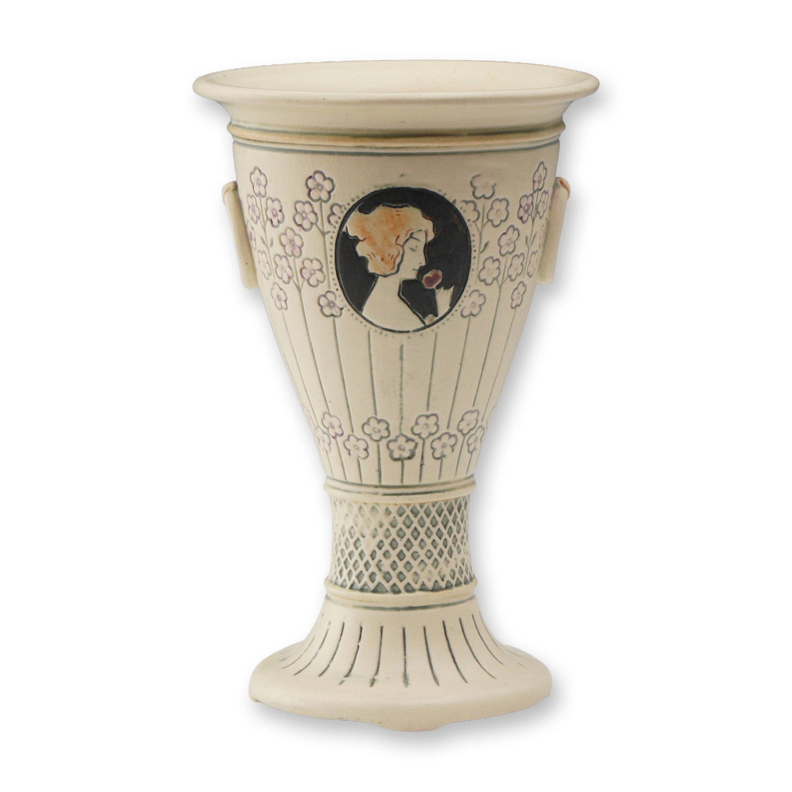 Weller Pottery Ethel Creamware Cameo Vase: A fine example of Weller's early 20th century Ethel line, this creamware vase features a cameo-style medallion with the profile of a woman with flowing hair, surrounded by a stylized floral pattern. T