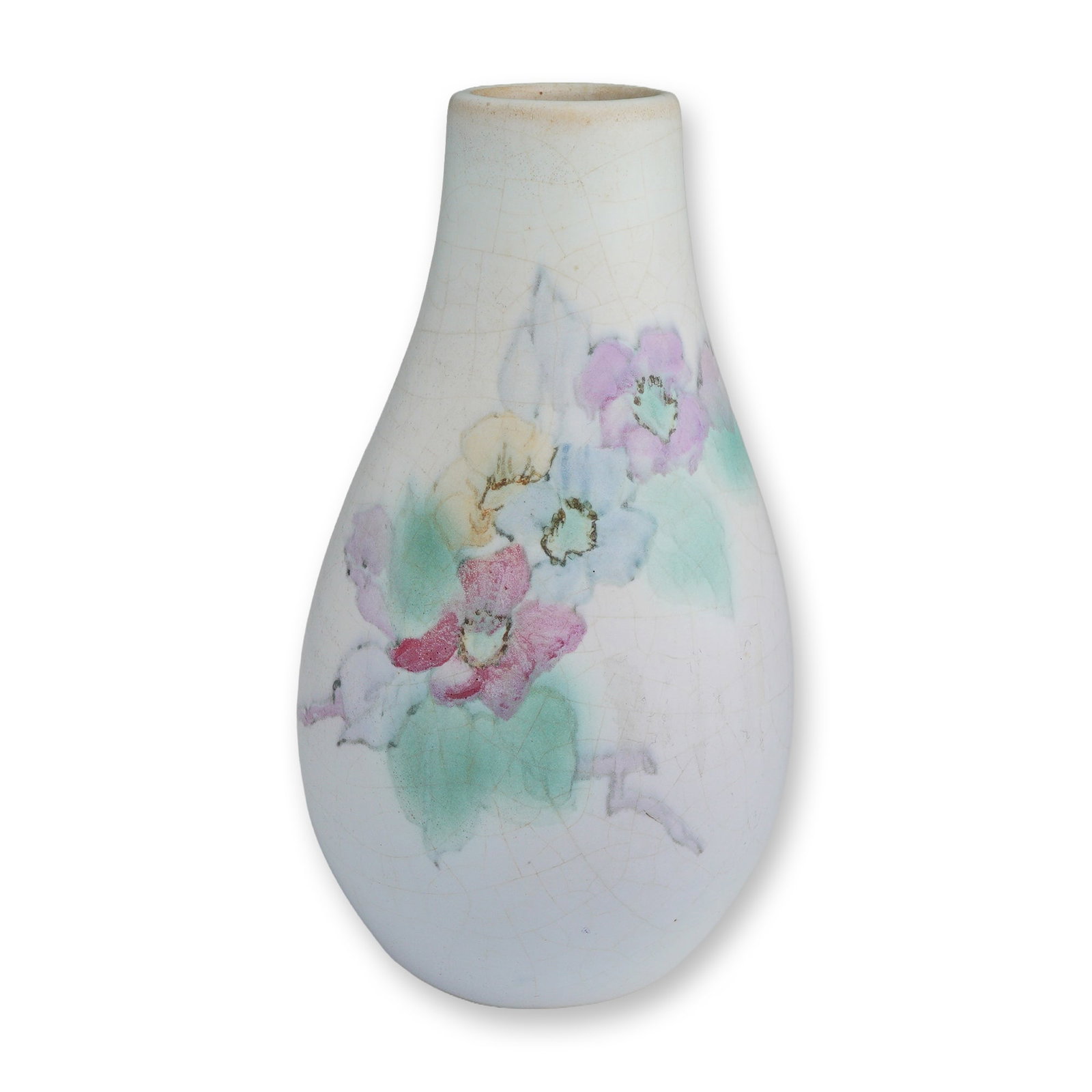 Weller Pottery Floral Bud Vase by Dorothy England, Hudson Perfecto: A Weller Pottery ceramic vase from the Hudson Perfecto line, produced in Zanesville, Ohio, during the Art Deco period, circa 1920-1930. The teardrop-shaped vessel features a white-glazed body decorate
