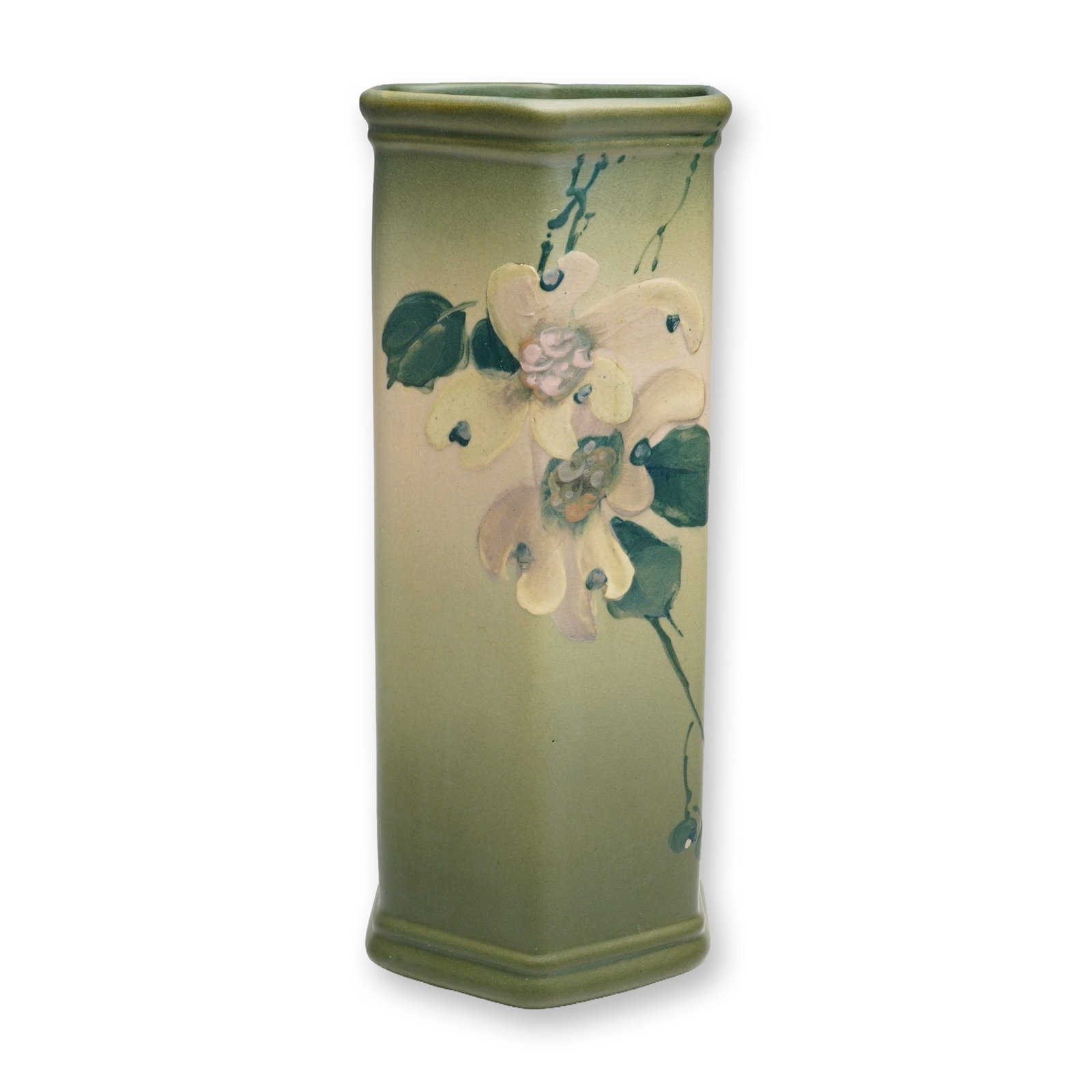 Weller Pottery Green Ombre Vase, Hudson: A tall Weller art pottery vase of hexagonal form, dating to the Art Deco period, circa 1920s. The vessel features a matte glaze with a sophisticated shaded gradient background transitioning from a dee