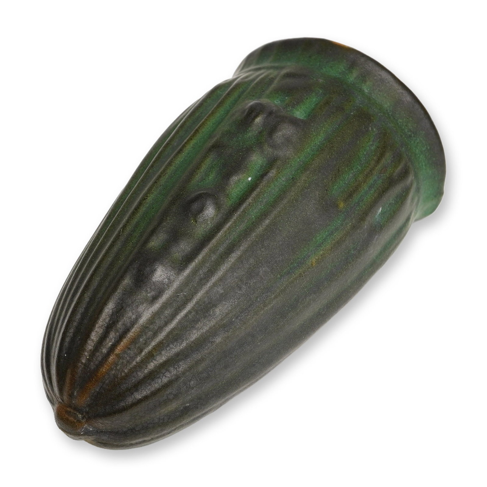 Weller Pottery Matte Green Wall Pocket: The vessel features a tapered, conical form with a flattened reverse designed for wall mounting. The exterior is decorated with molded vertical fluting, or cannulated relief, and three raised circular