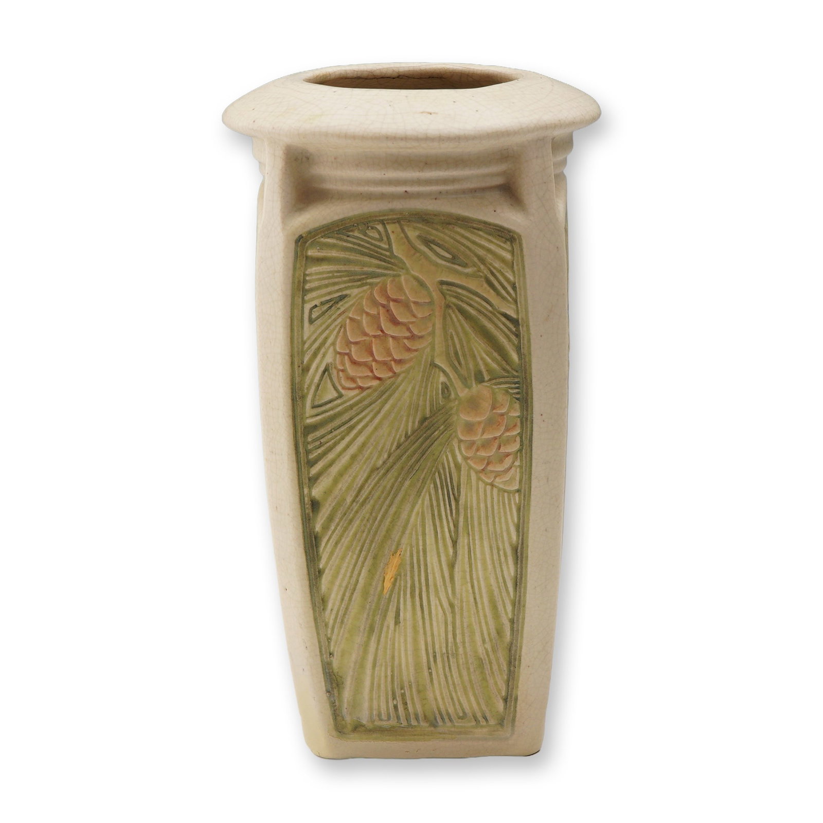 Weller Pottery Roma Vase with Pine Cone Relief: Weller Pottery Roma vase featuring an Arts and Crafts style design with pine cone and needle relief panels in soft green and tan glazes, accented with subtle blush tones. The squared body gently taper