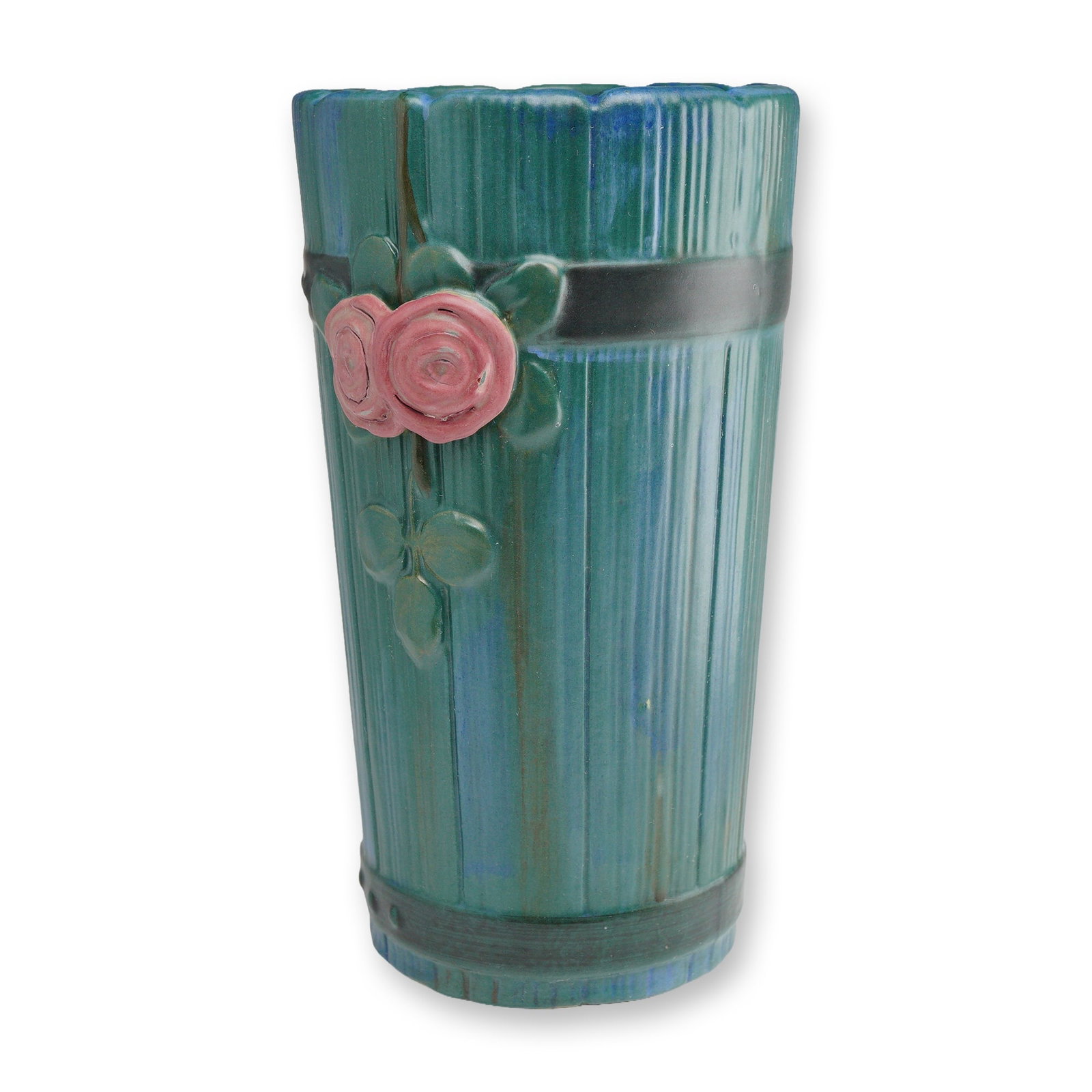 Weller Pottery Rose Vase, Woodcraft: This cylindrical earthenware vase belongs to the Woodcraft line, introduced circa 1915. The vessel features a vertically ribbed body, simulating draped fabric, finished in a mottled teal-blue glaze. T