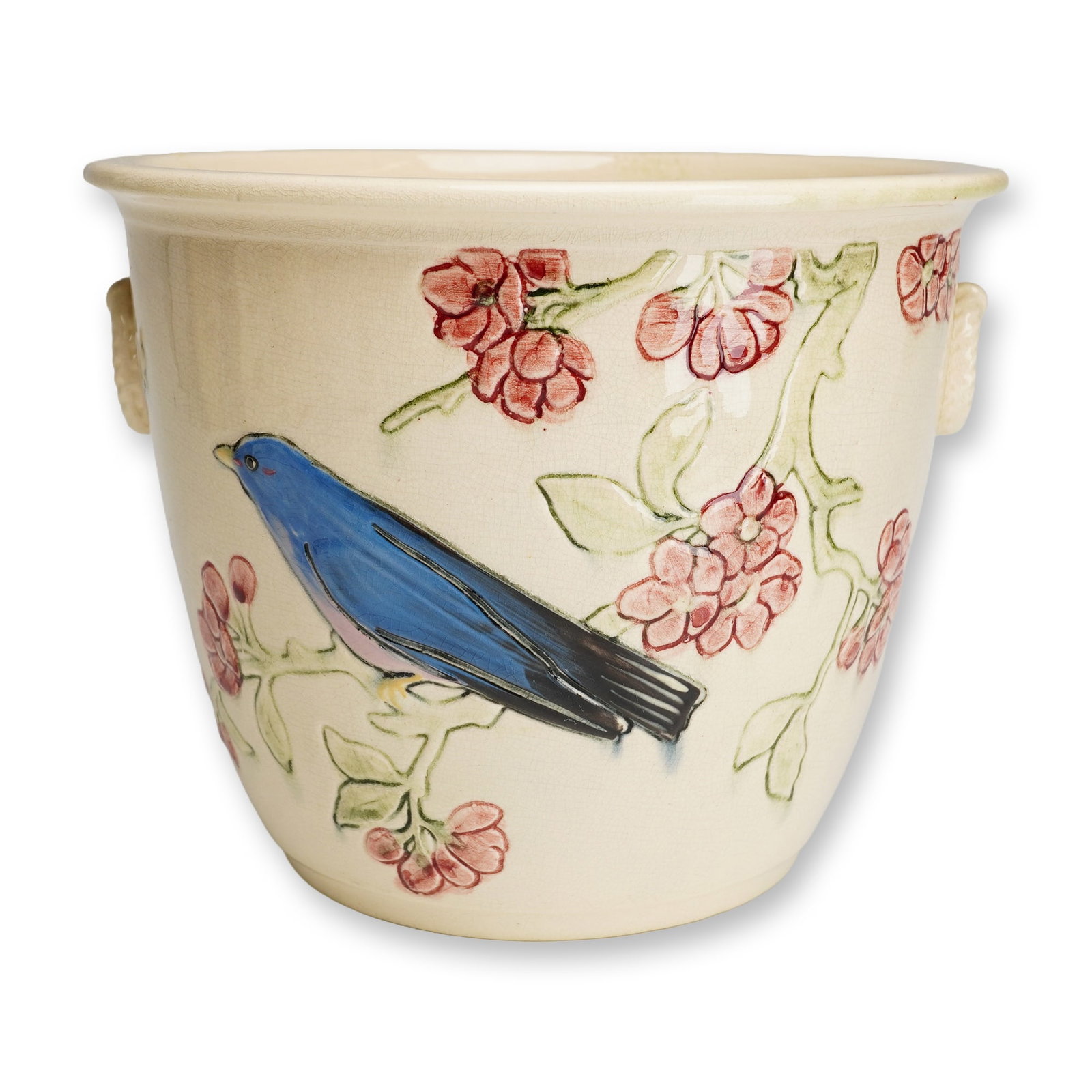 Weller Pottery Blue Bird Jardiniere, Rosemont: A Weller Pottery glazed earthenware art pottery jardiniere in the Blue Bird pattern. The piece features a tapered cylindrical form with a slightly flared rim and two integrated rope-style lug handles.