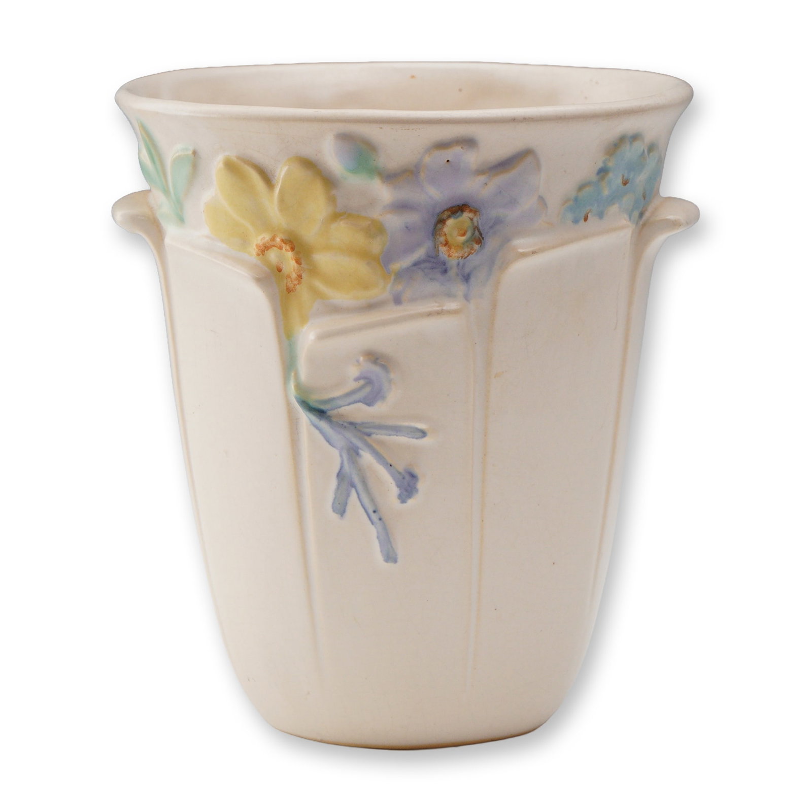 Weller Pottery Mi-Flo Creamware Jardiniere: A Weller Pottery Mi-Flo creamware jardiniere, shape M-6, produced circa 1935-1938. This hand-decorated piece features softly embossed floral designs highlighted in pastel tones of yellow, lavender, an