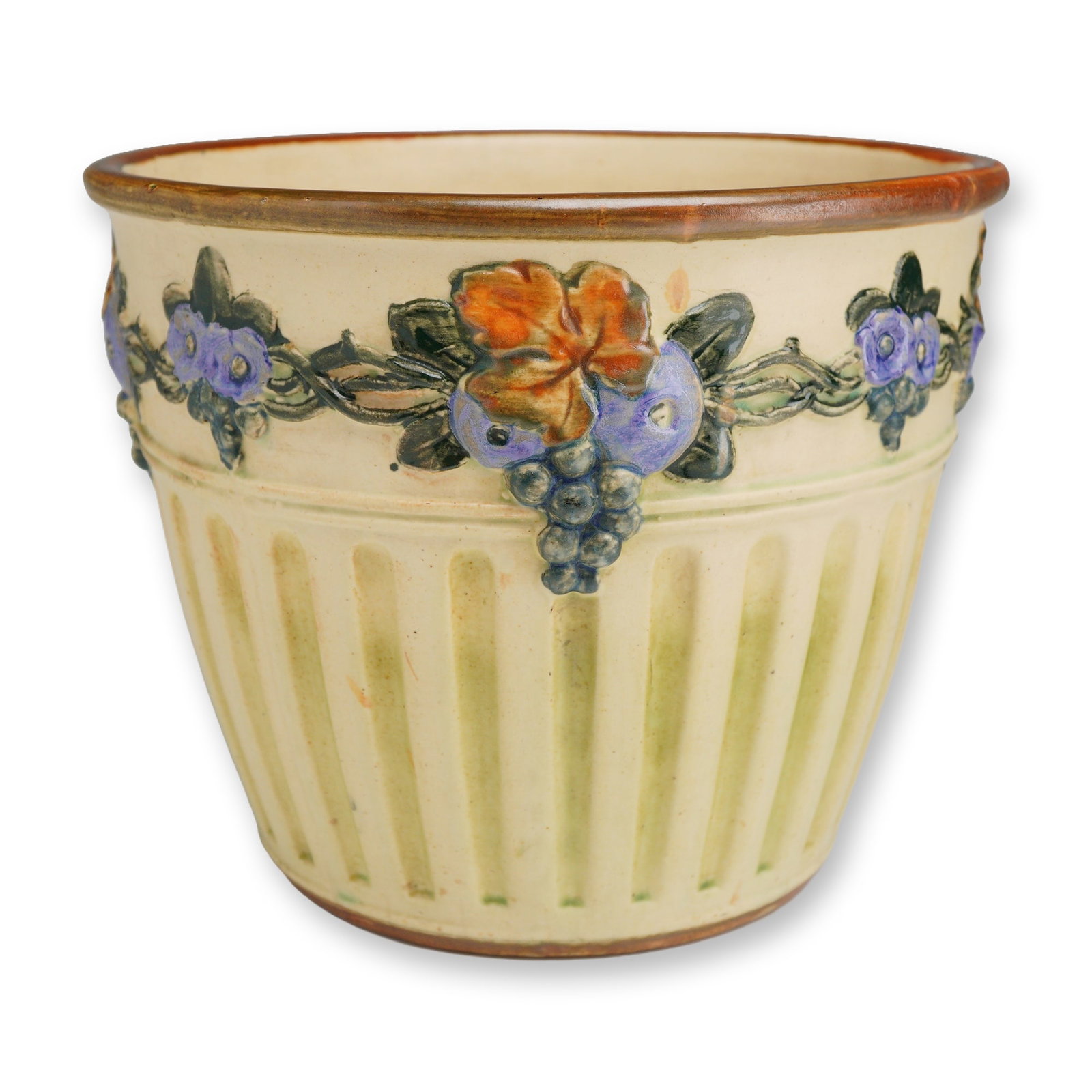 Weller Pottery Relief Molded Jardiniere, Flemish: A Weller Pottery Flemish line ceramic jardiniere, produced in Zanesville, Ohio, circa 1920s. This Art Nouveau-inspired vessel features a molded cream-colored earthenware body. The lower section is des