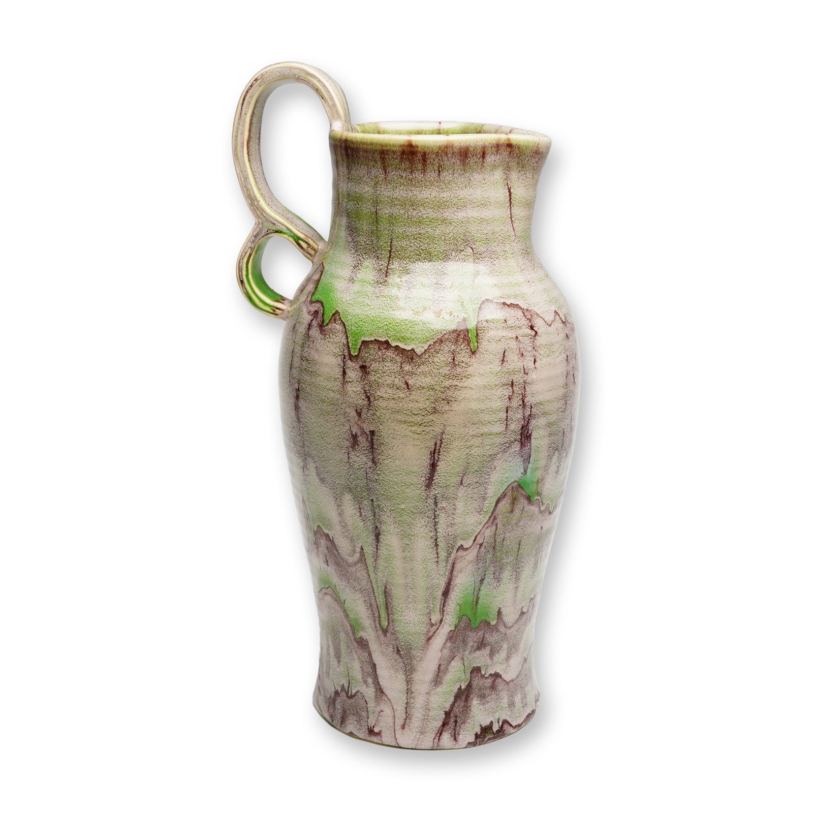 Weller Pottery Drip Glaze Pitcher, Greenbriar: A vintage American studio pottery pitcher of ovoid form. The vessel is wheel-turned, featuring prominent horizontal throwing rings beneath a sophisticated multi-tonal drip glaze. The glaze palette con